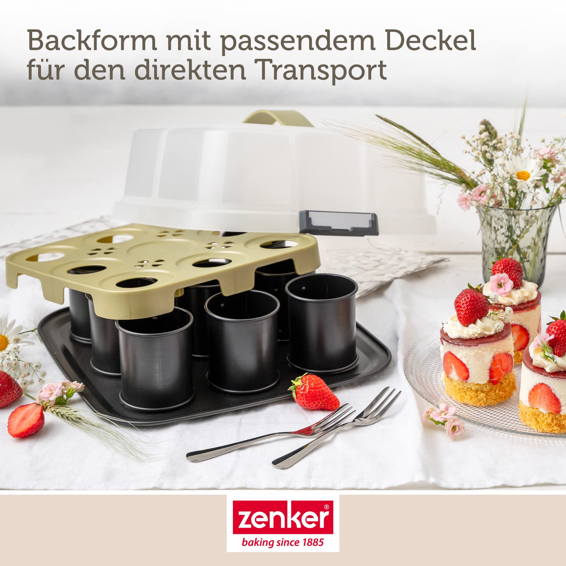 Zenker Bake, Click & Go blacha do tortów z pokrywką – 29 x 29 x 7 cm – forma do pieczenia z pasującą pokrywką do bezpośredniego transportu – forma do pieczenia i transportu