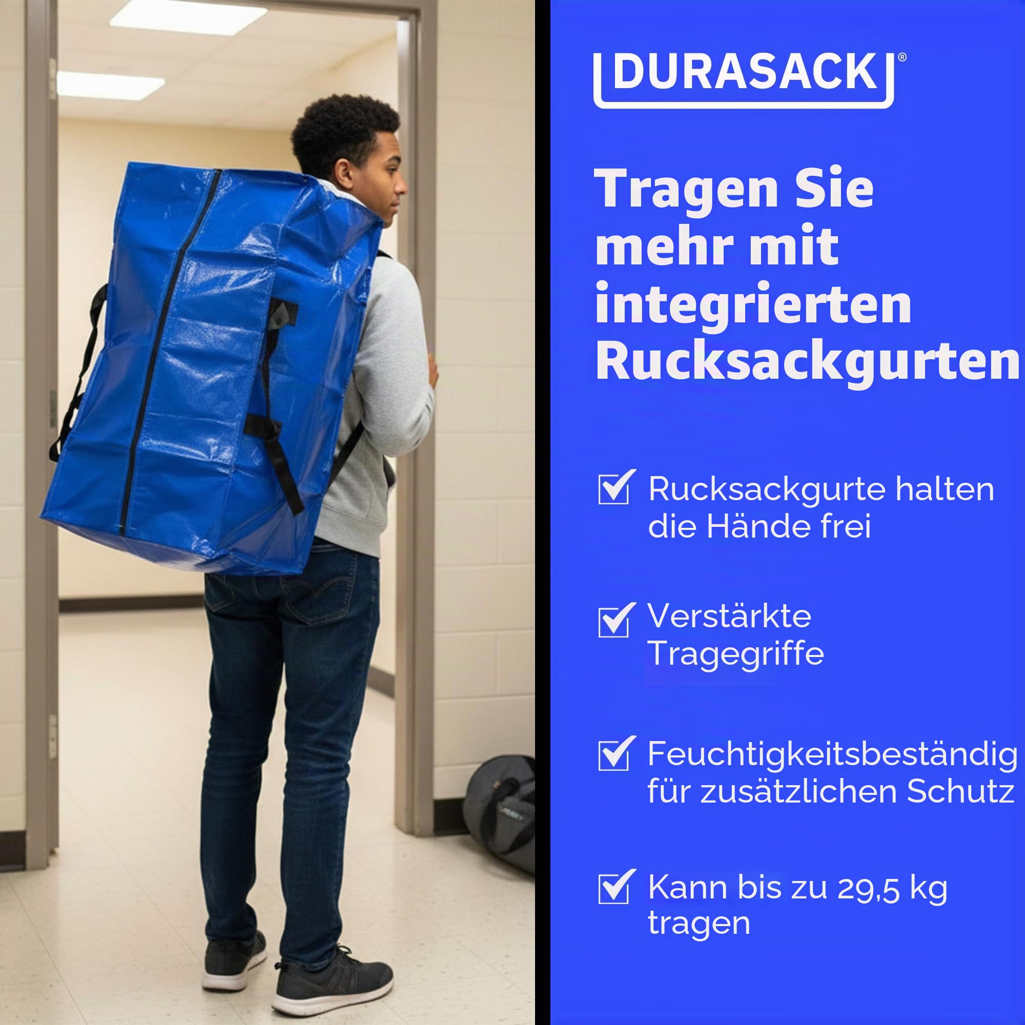 DURASACK Robuste Umzugstasche Aufbewahrungsbehälter Seesack mit Reißverschluss, verstärkte Tragegurte und Rucksackgurte, aus robustem gewebtem Polypropylen, 4er-Pack, Blau