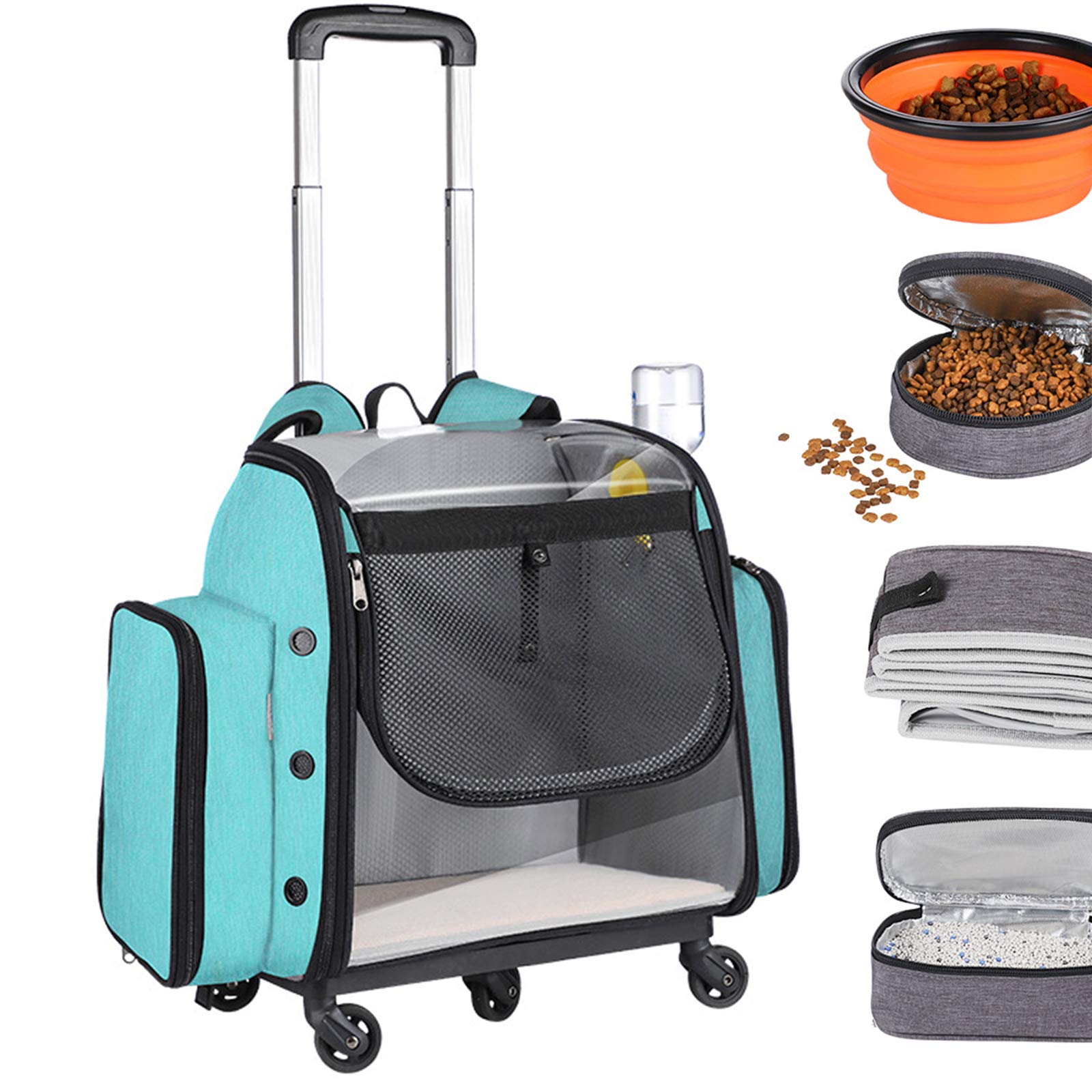 Transportador de viaje para mascotas con ruedas, mochila rodante para perros y gatos, incluye caja de comida, caja de arena, botella de agua y cuencos plegables para un transporte cómodo de mascotas