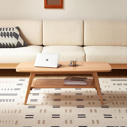 Miniatura 12 de Mesa auxiliar de madera maciza, mesa central de madera de 2 niveles para sala de estar, apartamento y oficina, mesa rectangular rústica de granja,