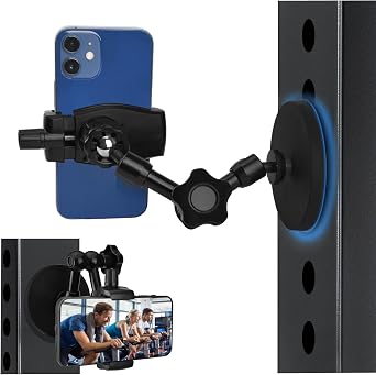 Magnetic Phone Holder for Gym, Heavy Duty 360 Adjustable Metal Arm | Super Strong N52 Magnet with Non-Slip Base for Power Rack, Universal Clip for all Smartphones, Home Workout Essentials
