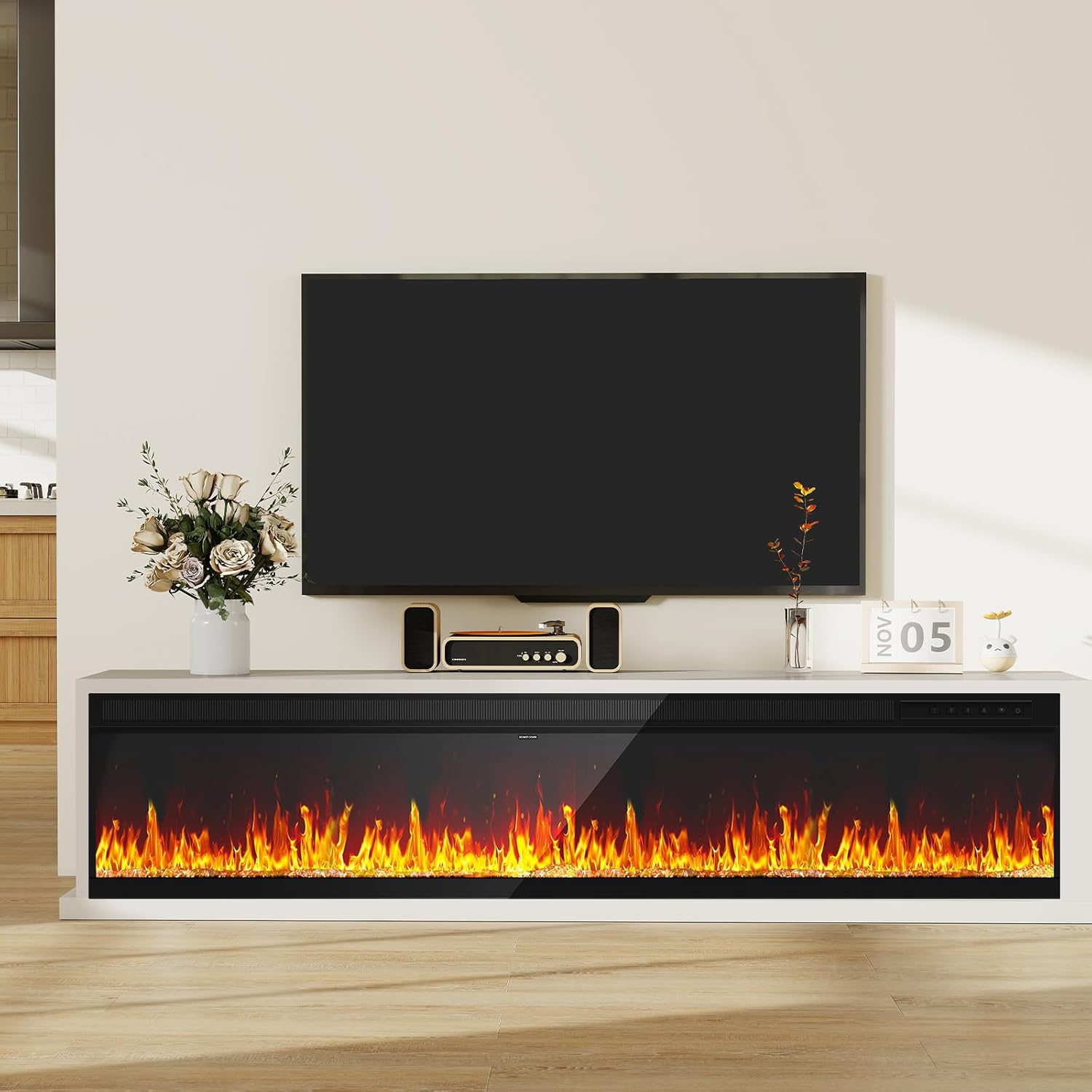 60 inch Upgraded Electric Fireplace-Ultra Narrow Bezel and Simulated Flame Fireplace, Ultra Large Flame Display, 750W/1500W, Remote Control, Recessed/Freestanding for Living Room, Bedroom