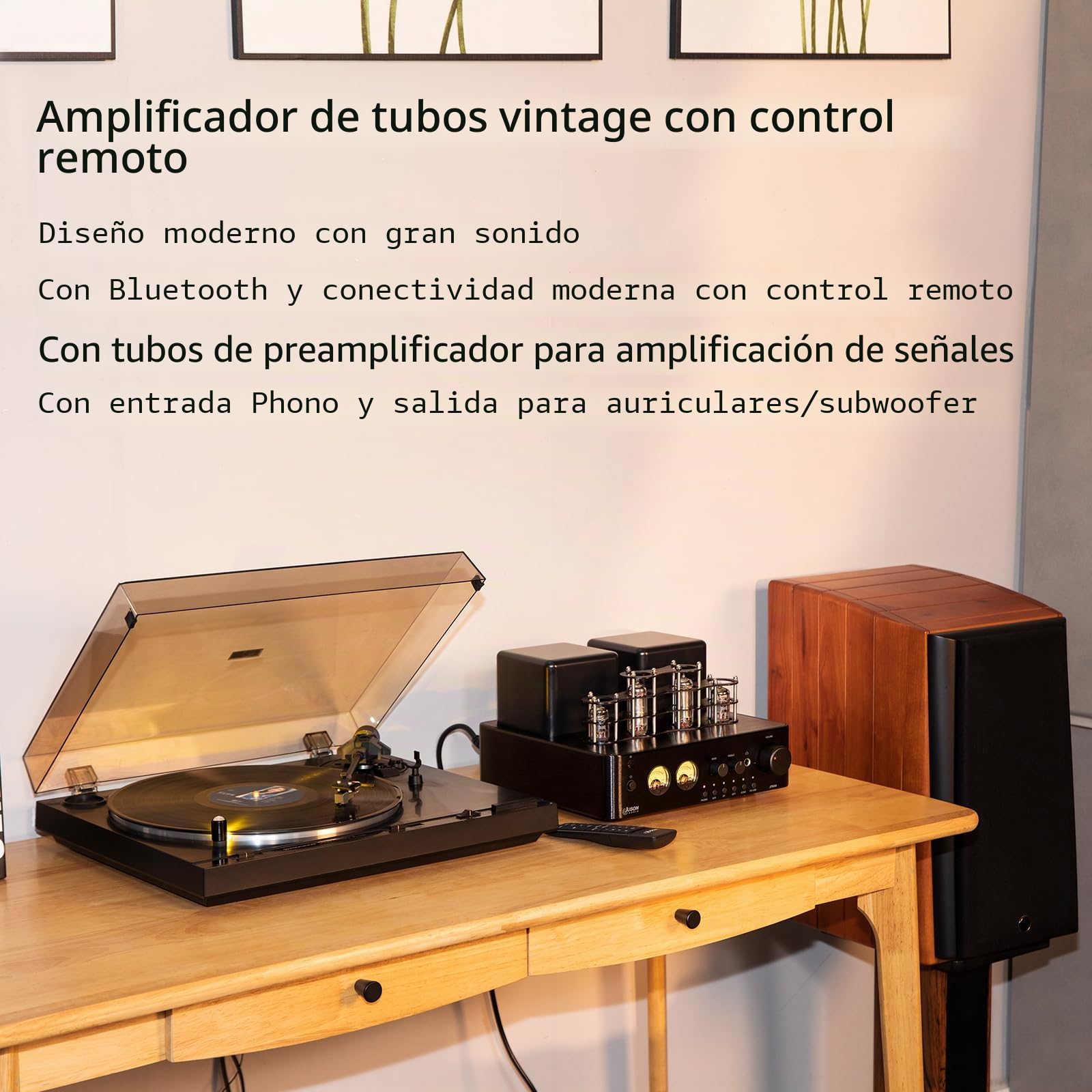 Juson Audio JTA50 Amplificador de Tubo de Nivel básico HiFi Amp con BT 5.0, Control Remoto, AUX, Coax, Phono y Entrada USB, Salida de subwoofer, 2.1 Canales para Tocadiscos