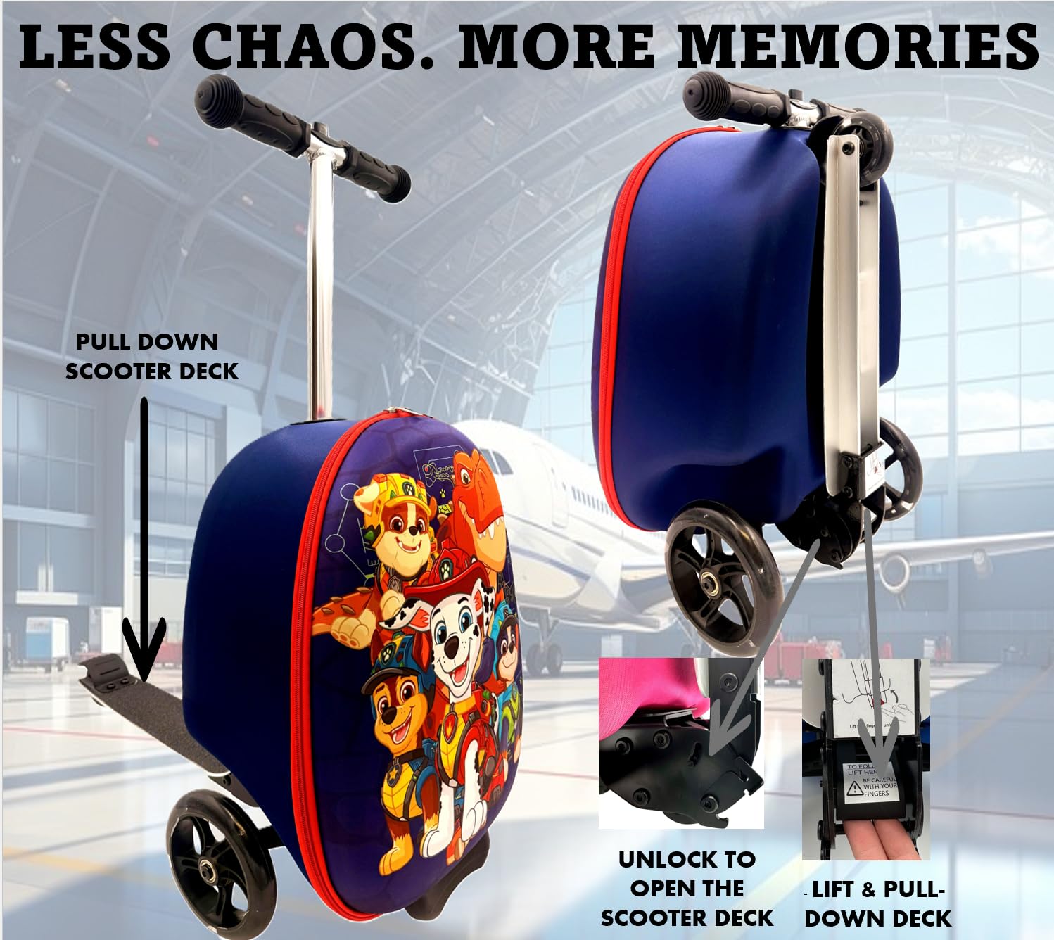 Fast Forward 2-in-1 Kids Scooter Suitcase & Ride-On Carry-On Luggage –Lightweight Carry-On Travel Case with Built-in Kick Scooter (Paw Patrol)