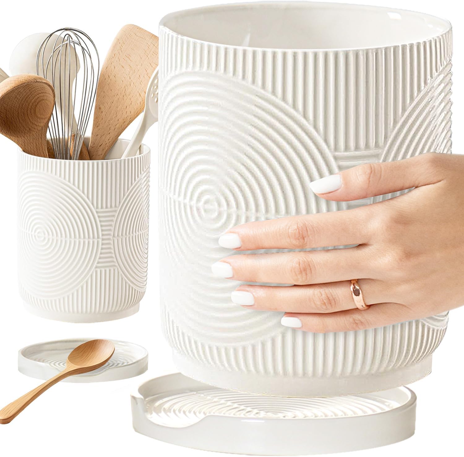 Utensil Holder, 7.2" Kitchen Utensil Holder for Counter, 2-in-1 Ceramic Cooking Utensils Holders with Spoon Rest, Utensil Crock for Spatula, Ideal Housewarming Gift (White)