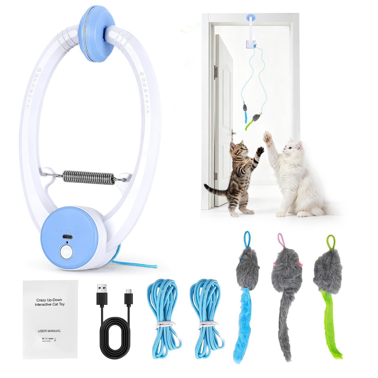 CaeliMuse Interactive Cat Toys,Retractable Cat Door Hanging Toy with 3 Motion Modes,USB Rechargeable Automatic Self Chasing Toy for Indoor Cats Kitten Hunting Exercising