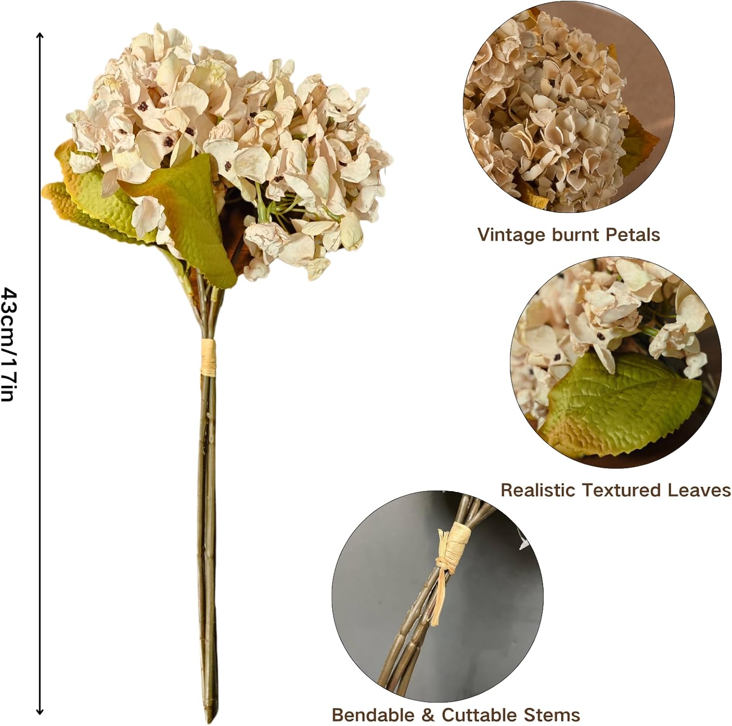 ASTRYAS Fake Beige Dried Artificial Hydrangea Flowers, Fall Faux Silk Hydrangea Dried Florals Bouquet for Home Table Centerpieces Wedding Party Decoration(6PCS,Beige)