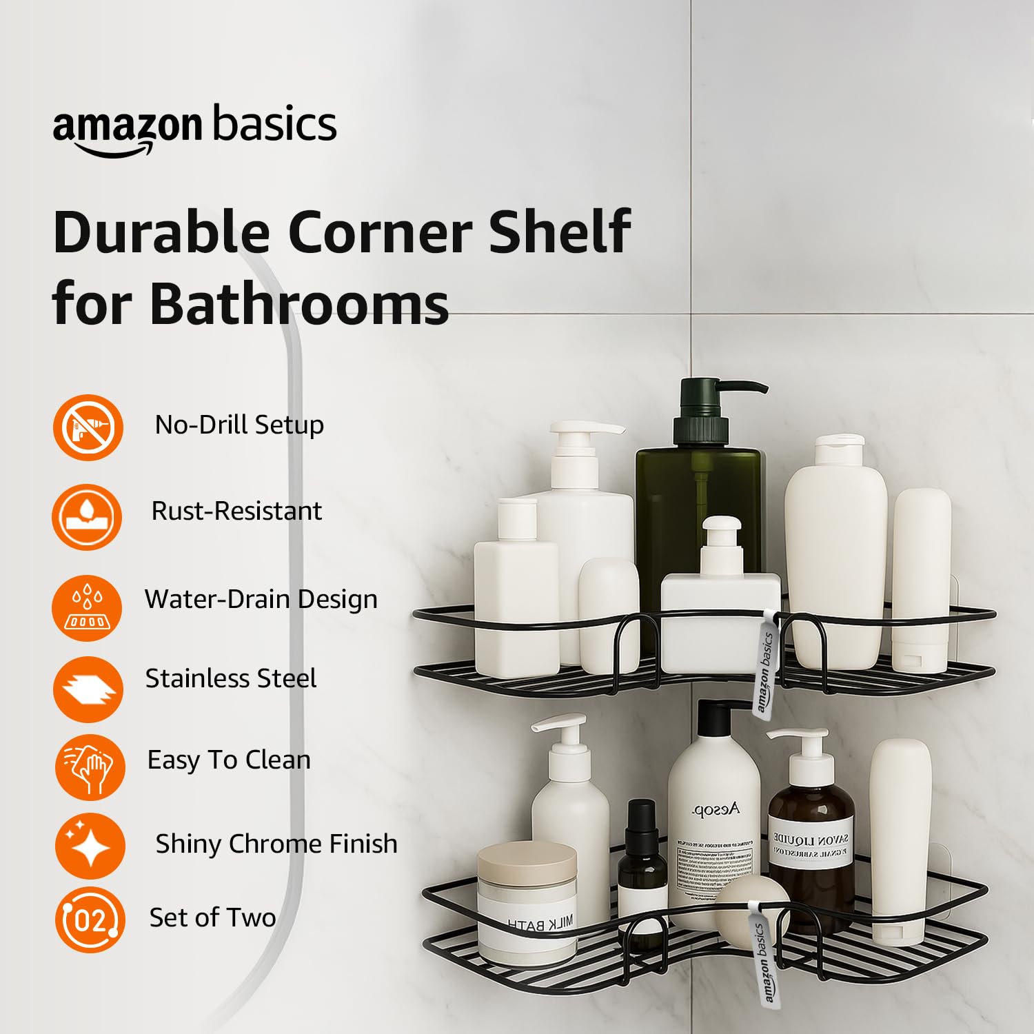 Amazon Basics Modern Wall Mounted Corner Rack for Bathroom | Mild Steel Storage Shelf for Toiletries, Shampoo, Soap & Accessories| Self adhesive | Rust-Resistant, Easy to Clean, Space-Saving Organizer β 27.5 x 27.5 x 6.2 cm, Pack of 2, Black