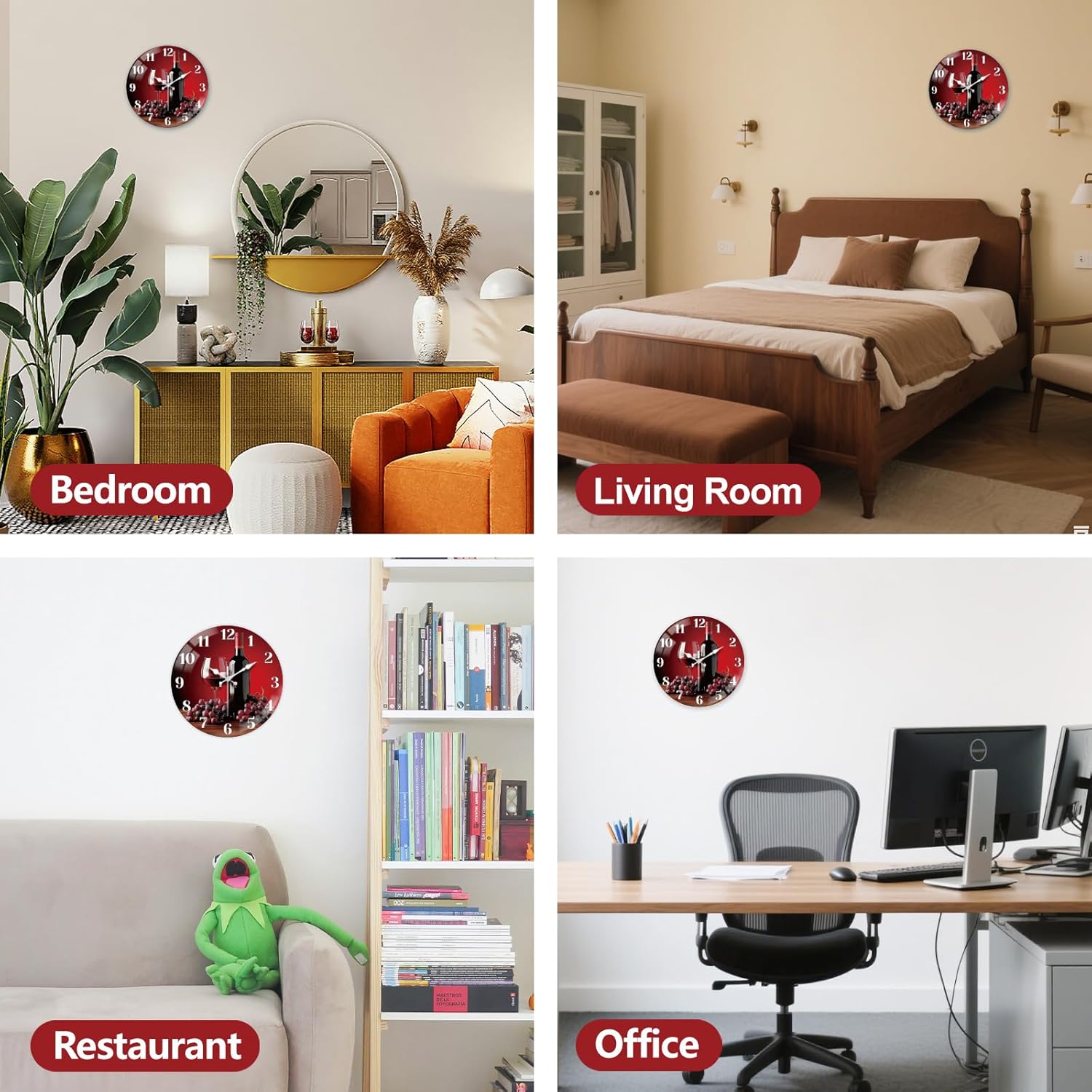 peacoblue Wall Clocks Battery Operated 12 Inch Wine Glass Glass Round Wall Clock Non Ticking for Kitchen Living Room Dining Room Bedroom and Bathroom Decor Accessories (Battery not Included)