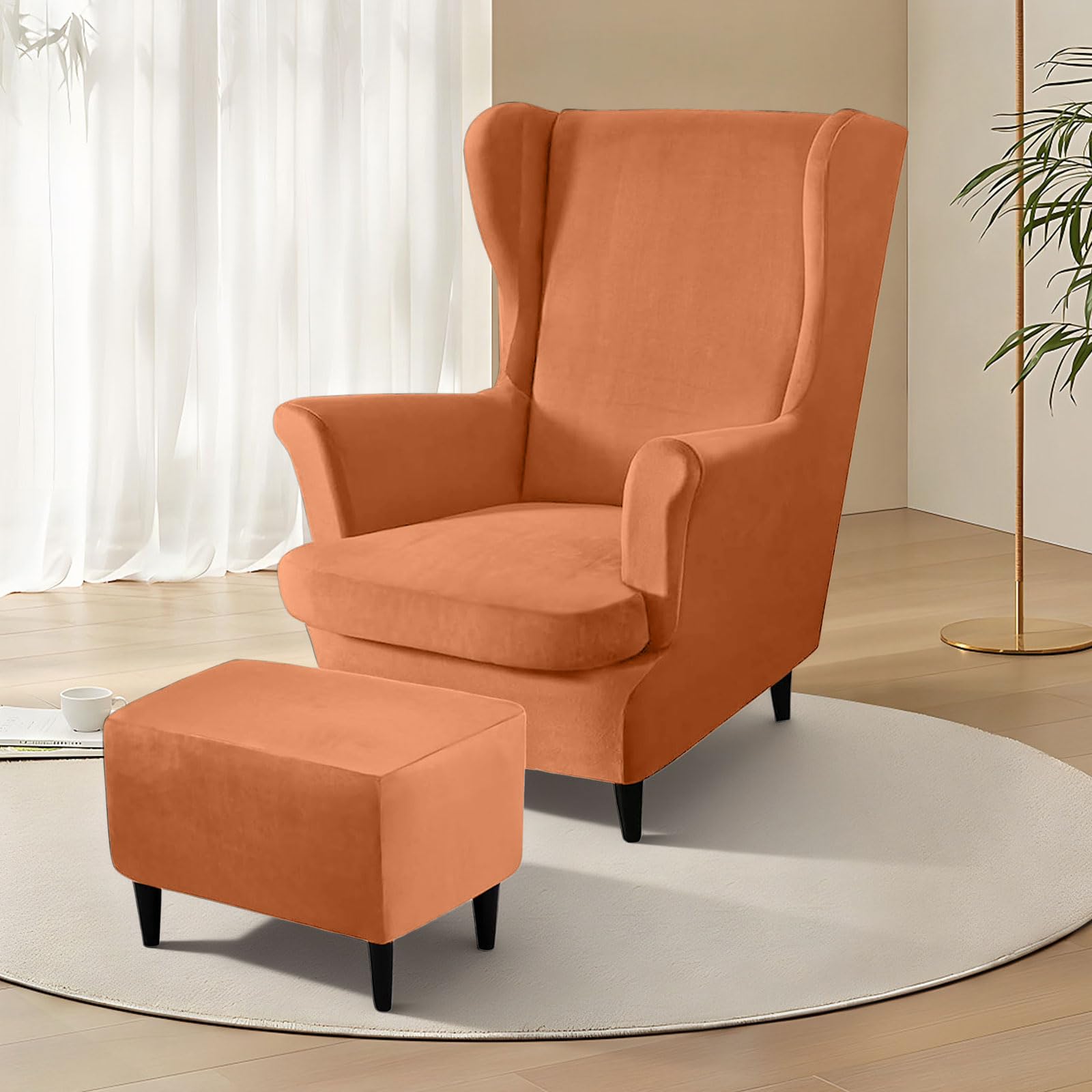 3-Teilig Samt Ohrensessel Überwurf mit Fußhockerbezug (ohne Stuhl), Stretch Samt Sesselhusse, Elastischer Schonbezug Stuhlbezug Hohe Rückenlehne für Sessel, Waschbar (Apricot Orange)