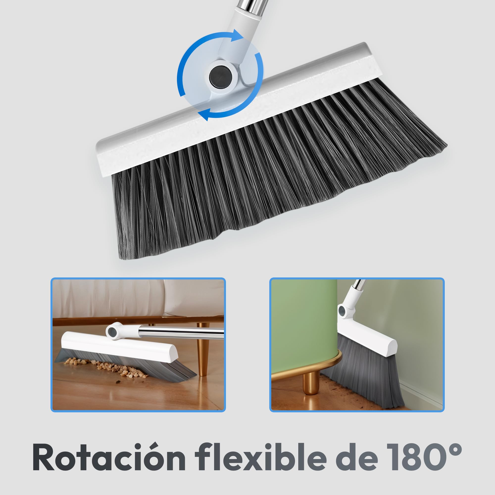 JUPPLIES Escoba y Recogedor Plegable 3 en 1 con Cepillo Extraíble y Limpiacristales Oculto - Mango Telescópico de 126 cm y Rotación de 180º - Limpieza del Hogar Oficina