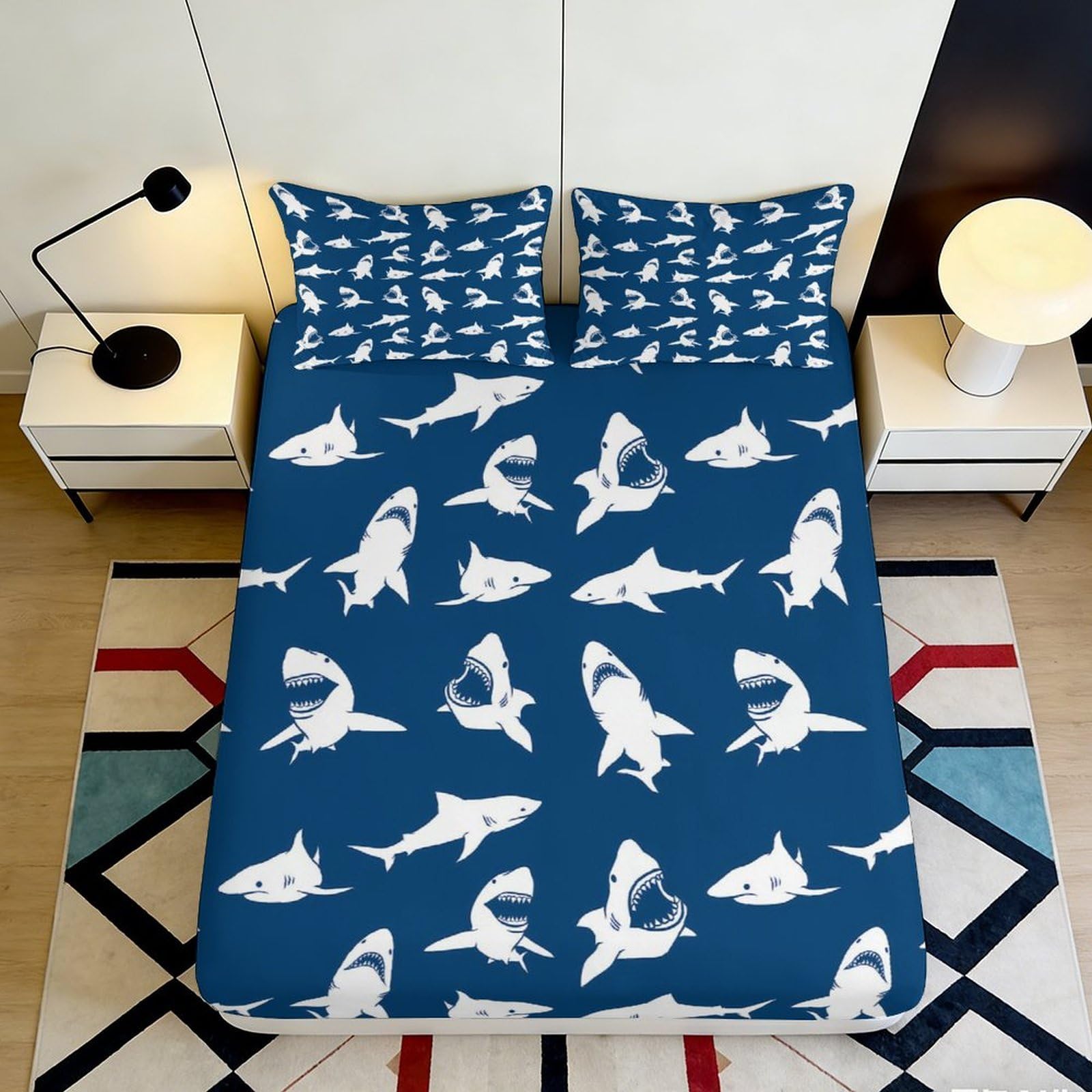 3D Printed Shark Ocean Fitted Sheet Microfiber Soft Blue Sea Mattress Cover for Bedroom Guest Room Dorm Decor 90x200x25cm