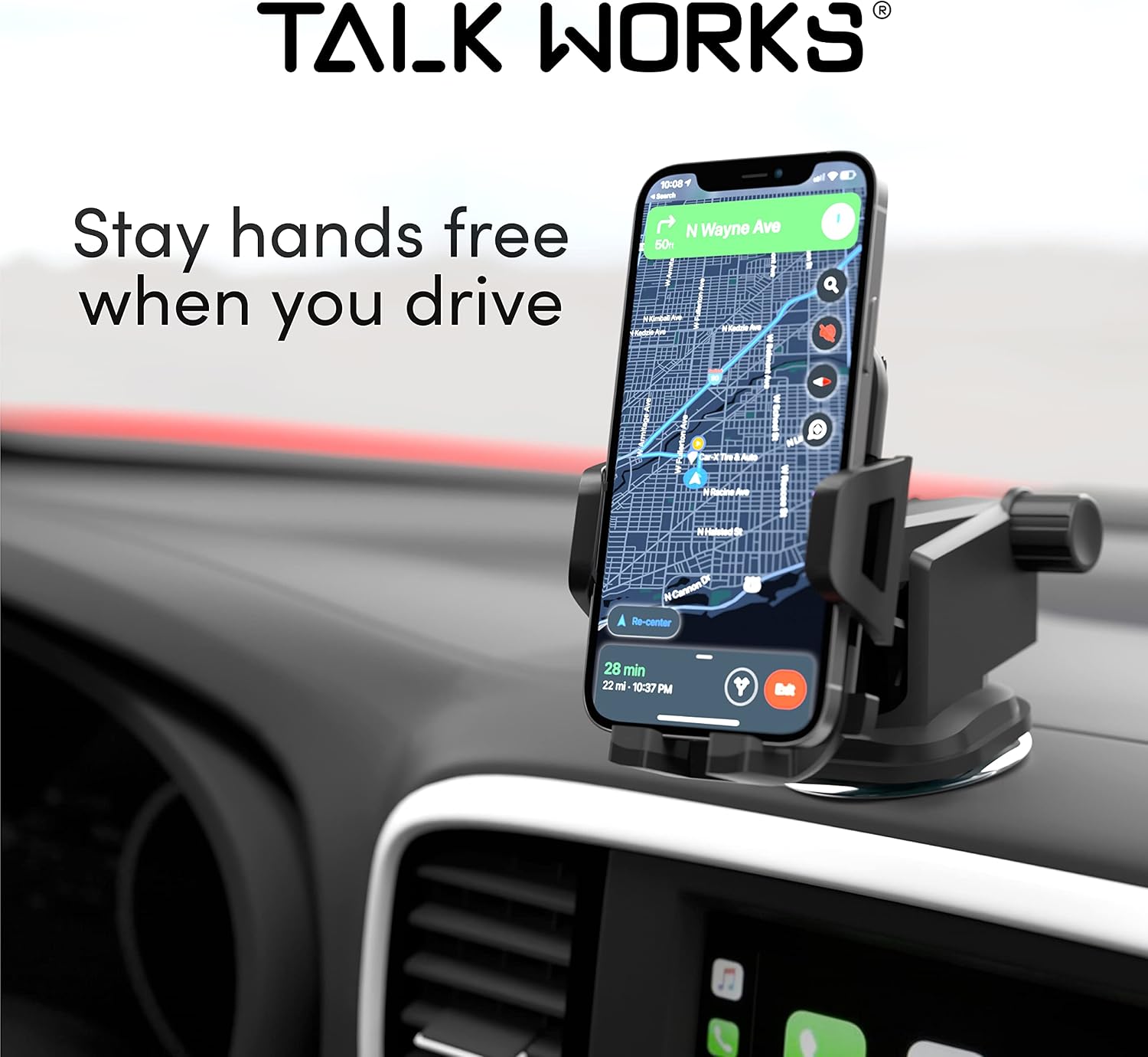 TALK WORKS Car Windshield & Dash Phone Holder Compatible w/iPhone 13/13 Pro/13 Pro Max/14/14 Plus/14 Pro/14 Pro Max, Apple & Android Smartphones - Adjustable Suction Mount (Black)