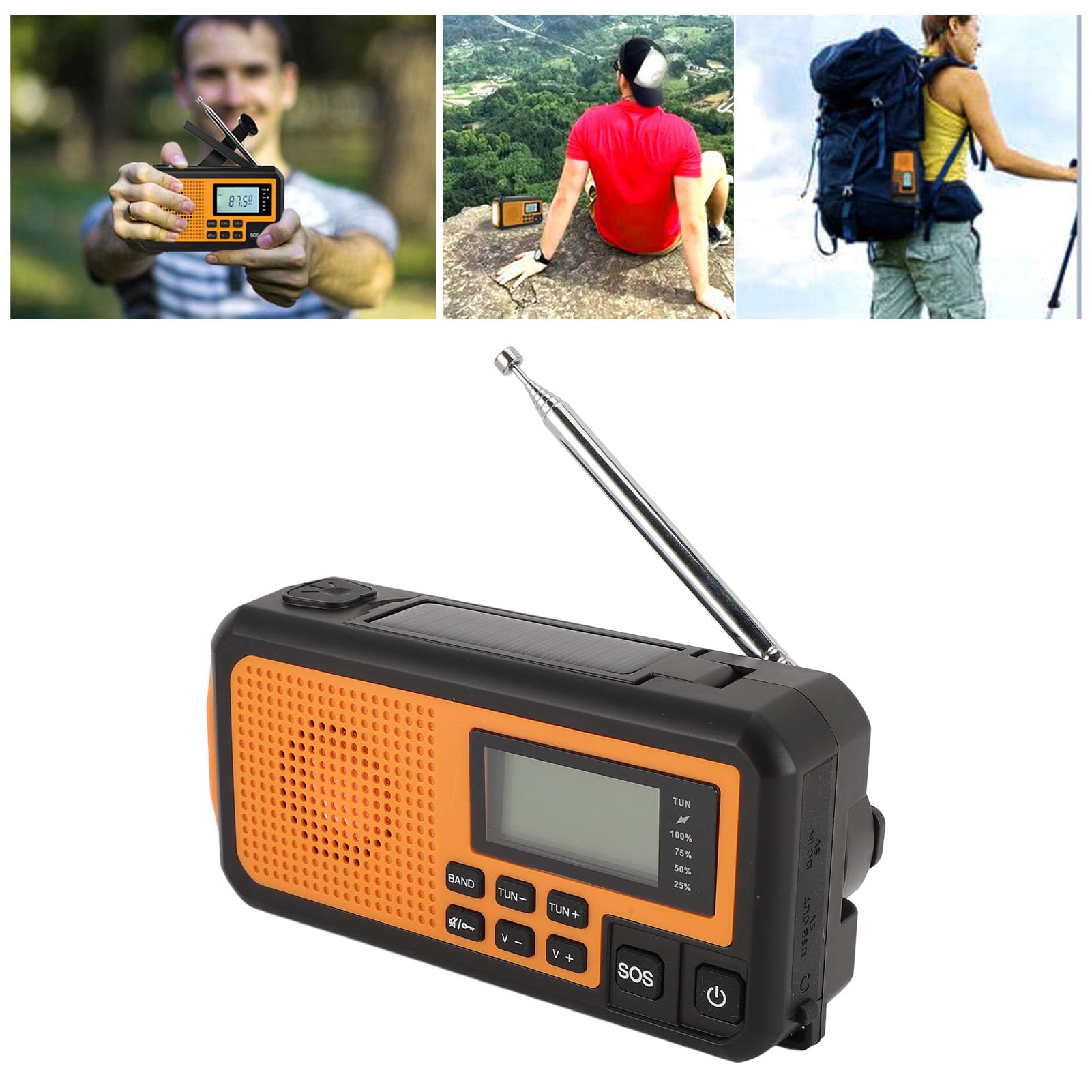 Radio d'urgence à Manivelle Solaire-AM/FM/SW, Alarme SOS, Chargement USB, Haute sensibilité, Lampe de Poche LED pour Camping en Plein Air