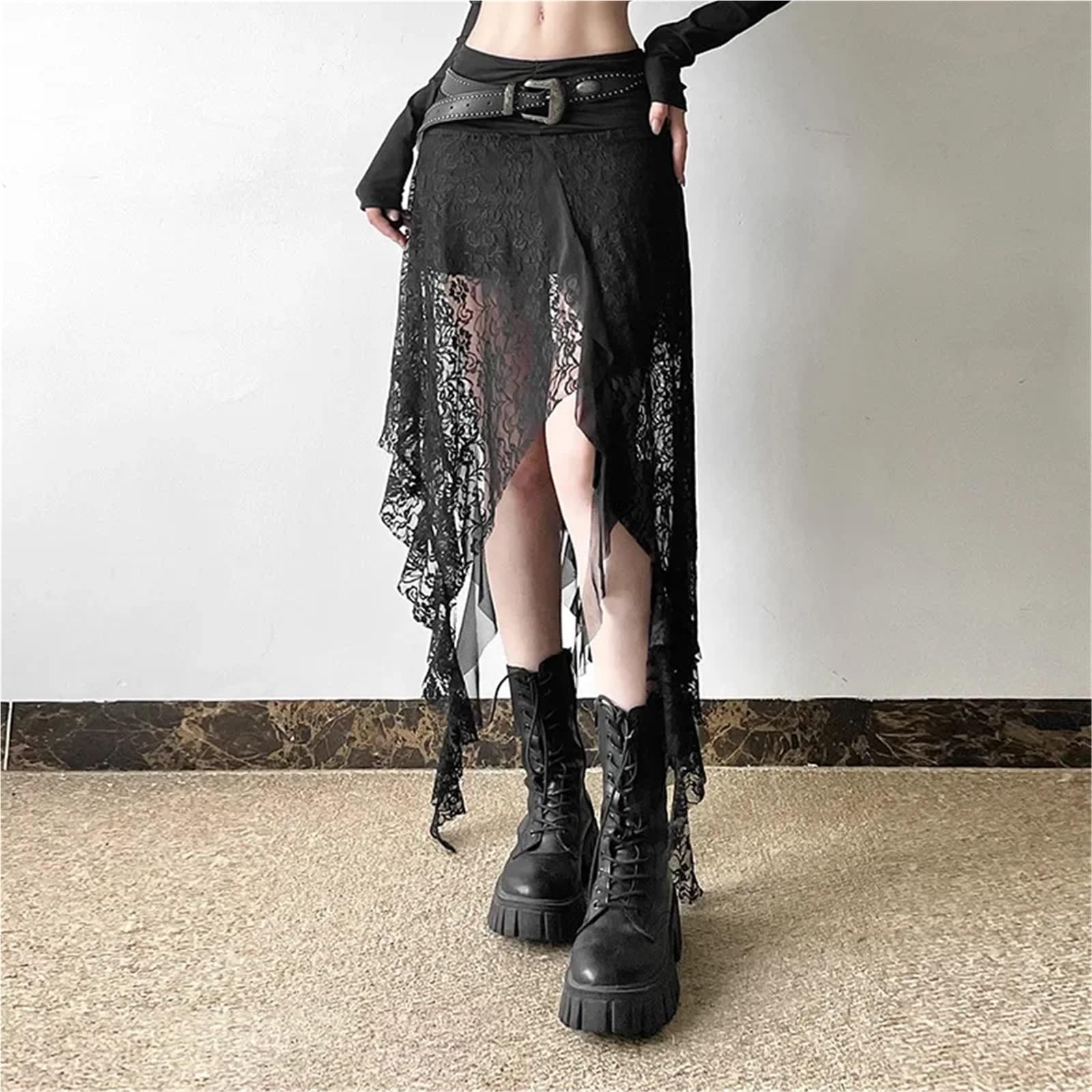 Falda Gótica Falda Larga Irregular de Encaje Estilo gótico con Dobladillo de Cinta, Faldas fluidas, estética Vintage