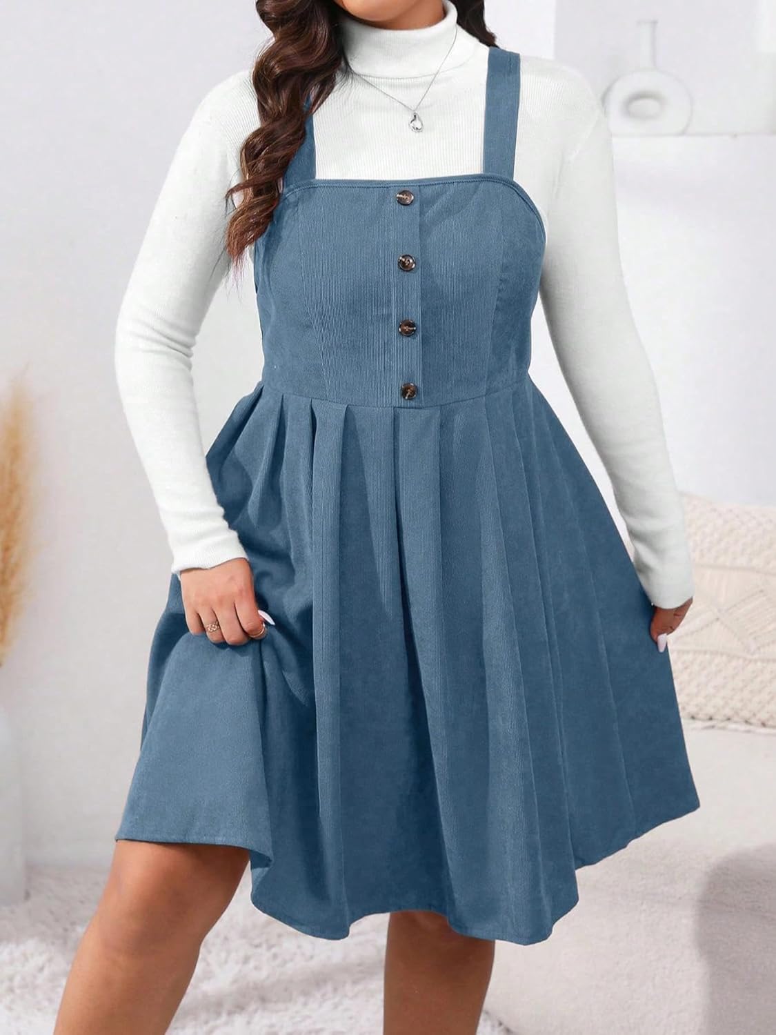 Oversized Button up Pleated Pinafore A-line Dress, Casual Sleeveless Vest for Women in Autumn and Winter, Without Sweater - Image 5