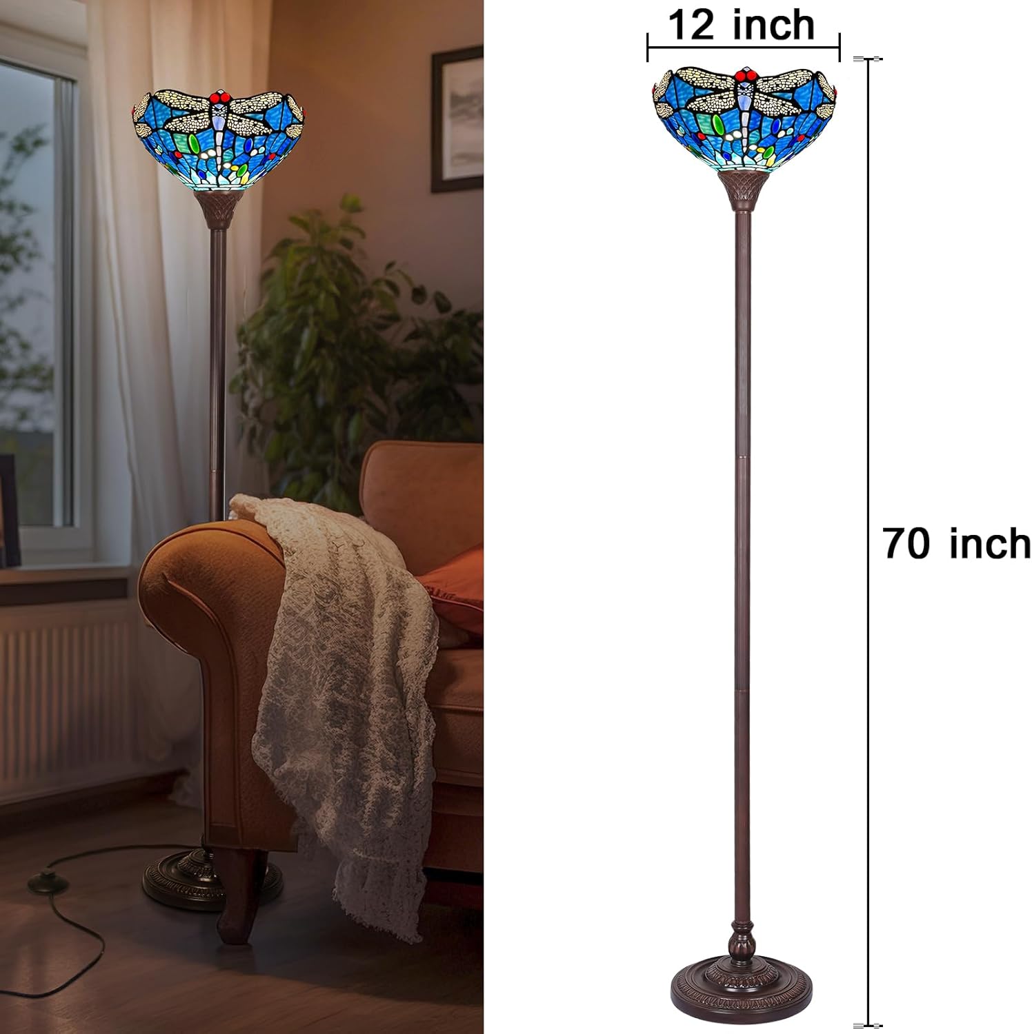 Capulina Tiffany Lamp Stained Glass Torchiere Floor Lamp 70 Inches Tall Industrial Pole Vintage Blue Dragonfly Tiffany Style Standing Floor Lamp for Home Office Living Room Bedroom Farmhouse