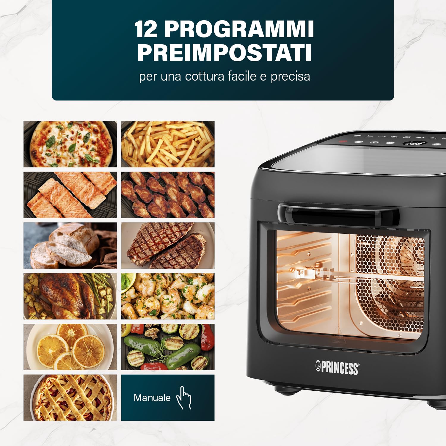 Princess Friggitrice ad Aria Forno Vision, Capacità 12,6 L, Potenza 1800 W, Cottura Multifunzione, Controllo Digitale, Facile da Pulire, 182494