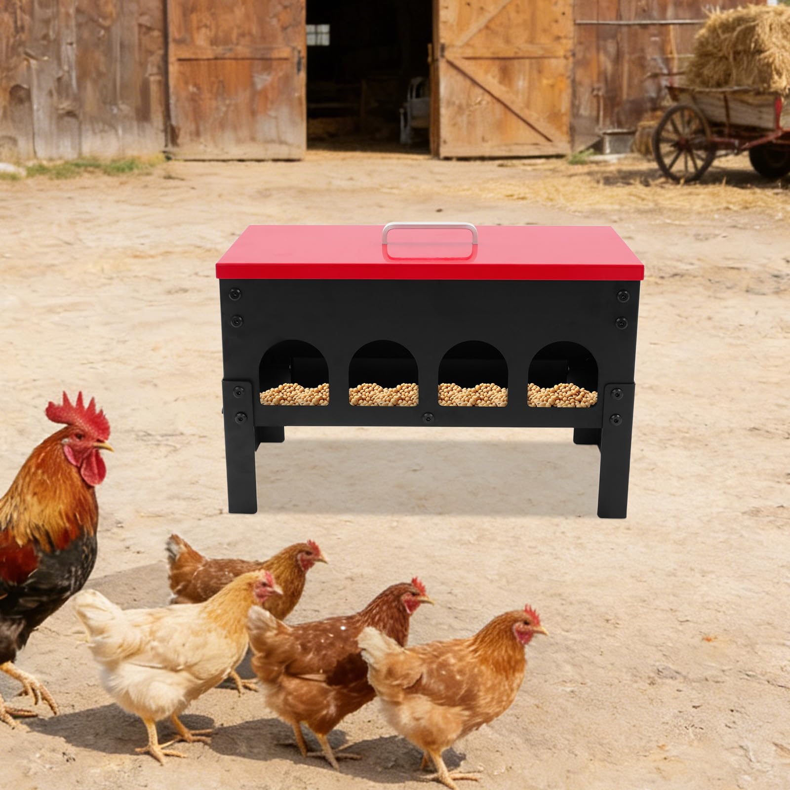 Automatischer Hühnerfütterer, 10L Futterautomat mit 10 Öffnungen Metall Geflügelfütterer Tragbares Futterspender Hühnerfuttertrog Hühnerfutterautomat für Bauernhöfen 41x18x27cm (Rot, Weiß)
