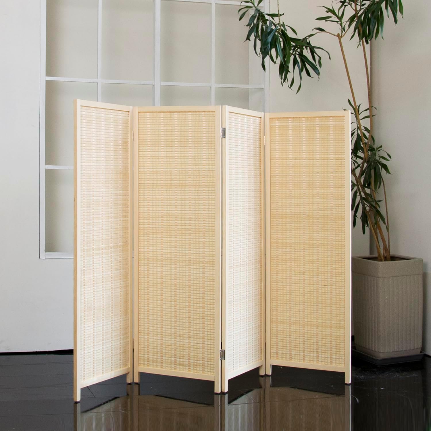 4 Panel Short Room Divider Folding Screen,47 inch Bamboo Panel Divider for Home Partition,Beige Beige 4 Panel