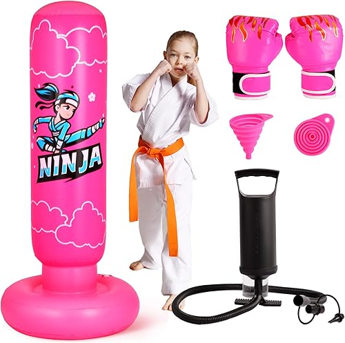 Juego de saco de boxeo 4 en 1 para niños más grandes, bolsa de boxeo inflable Ninja de 66 pulgadas con guantes y bomba de aire, regalos para niños y