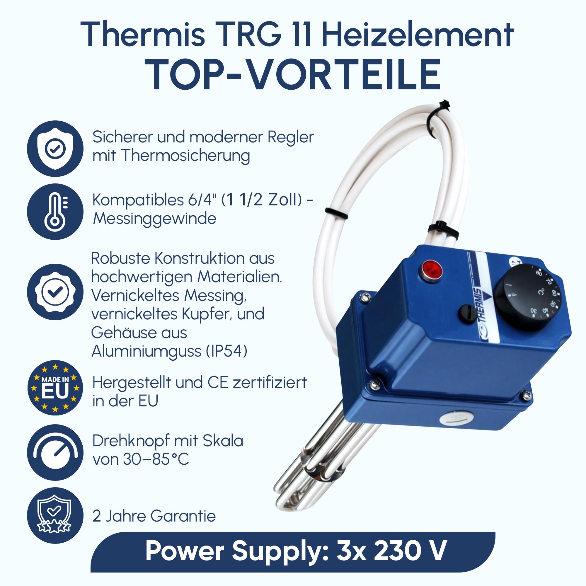TRG 11 Heizstab - Heizpatrone mit Thermostat, 1 1/2 Zoll (G6/4) Gewinde, 4,5kW 3/230 V (5 cable) - Heizelement für Boiler, Warmwasserspeicher, Wasserheizung