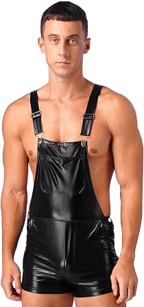 inlzdz Mens Shiny Metallic Dungarees Overall Suspender Shorts Hot Pants Rave Party Clubwear