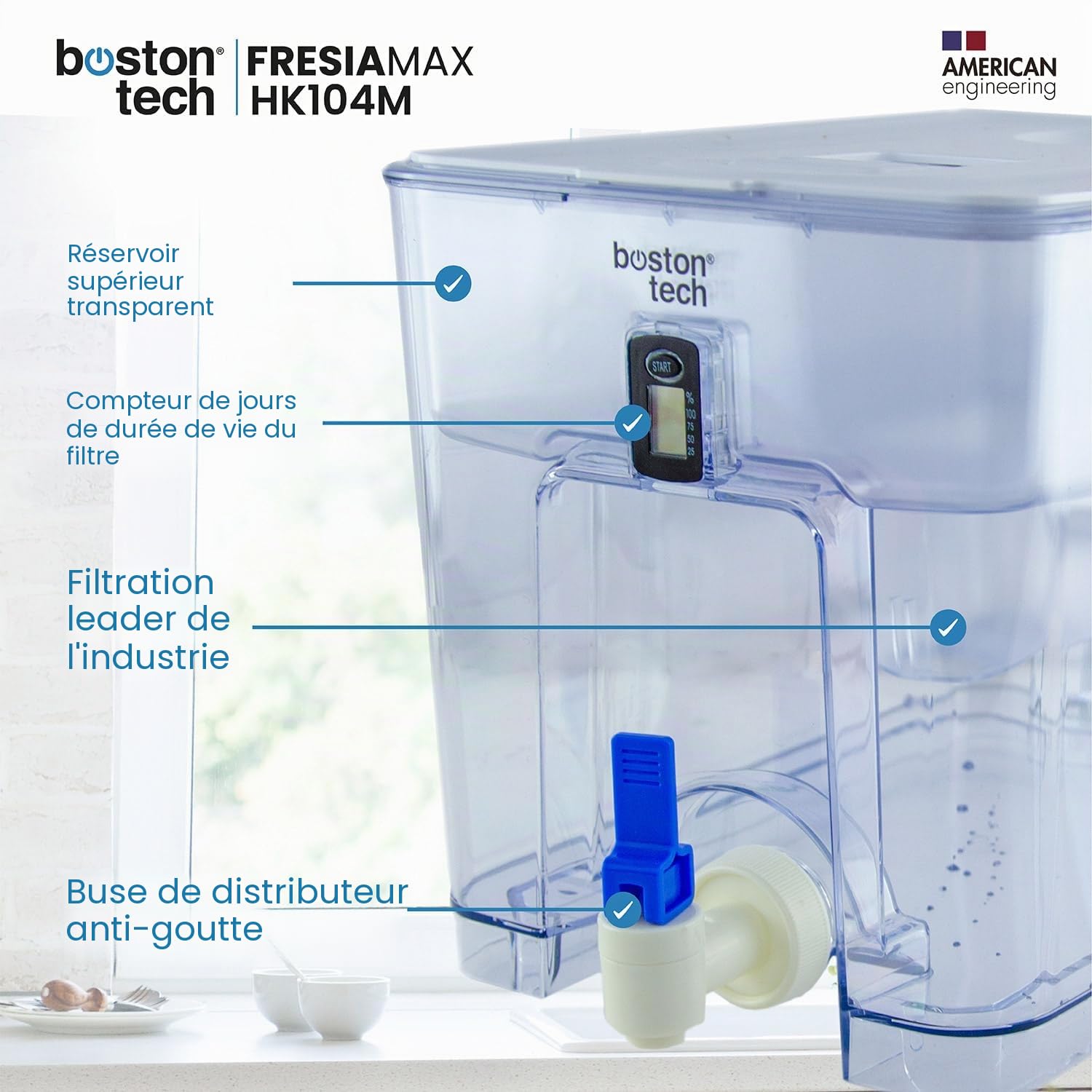 FRESIMAX Distributeur d'eau filtrée Flow 7,5L + 1 Cartouche filtrante. Réduit Le Chlore, Certains pesticides, herbicides, résidus médicamenteux et Le tartre. Sans BPA. Eau au goût optimal.