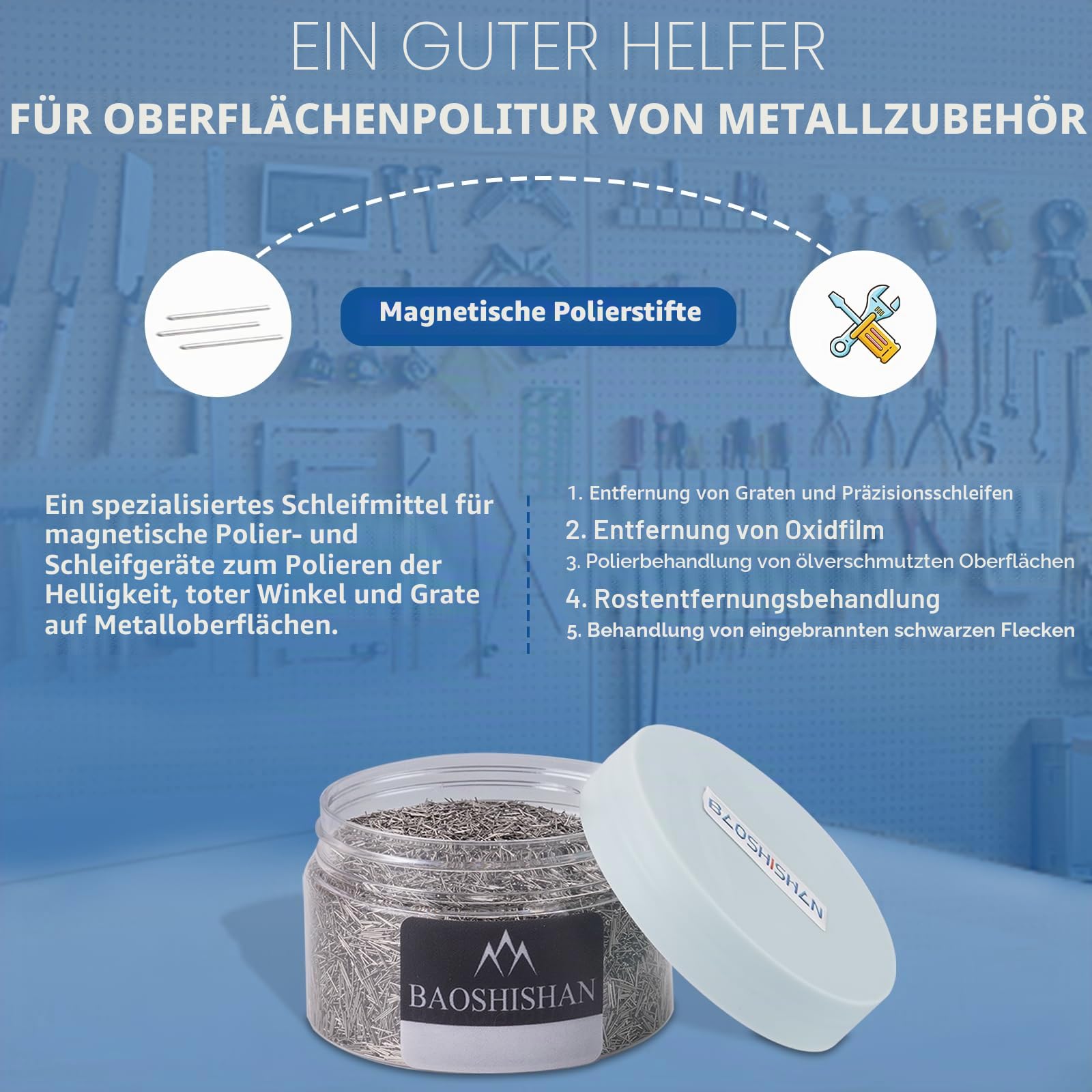 BAOSHISHAN Polierstifte Edelstahl-Endstifte für Magnetbecher Polierer Finisher 0,5 mm × 5 mm 300 g (0.5 × 5 mm, 300g)