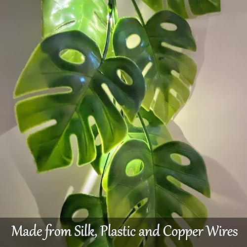 Vista 2 de Fielegen Guirnalda de 20 luces LED de hojas de Monstera, hojas de palmera tropicales artificiales, enredaderas verdes con luces, decoración