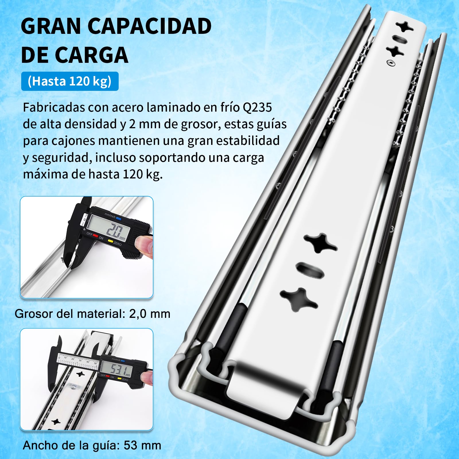 Yenuo - Guías de cajón de extensión completa con rodamientos de bolas de 95.30 kg, rieles de montaje lateral, de alta resistencia, 50,8 cm