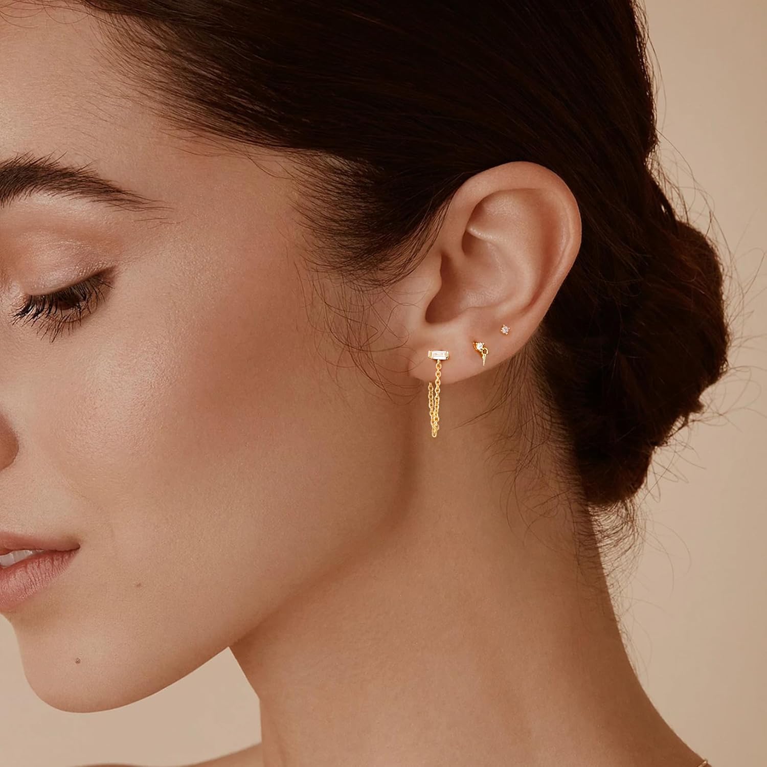 FANZE 14K Gold Plated Chain Earrings Set for women Cubic Zircon Stud Earring Hypoallergenic for Multiple Piercing Dainty Jewelry Gift - Image 2