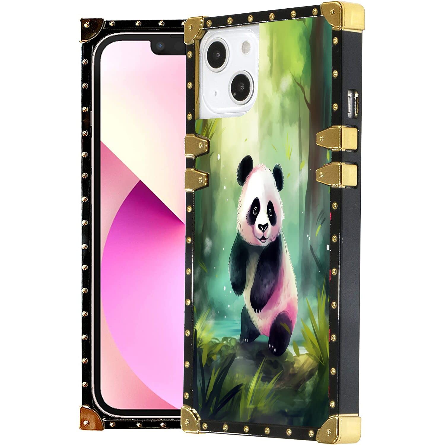 Xioolia Case Suitable for iPhone 13 Mini with Cute Panda Print Art-39 Soft TPU Metal Style Reinforced Corner Diamond Shock-Absorbing Protective Cover