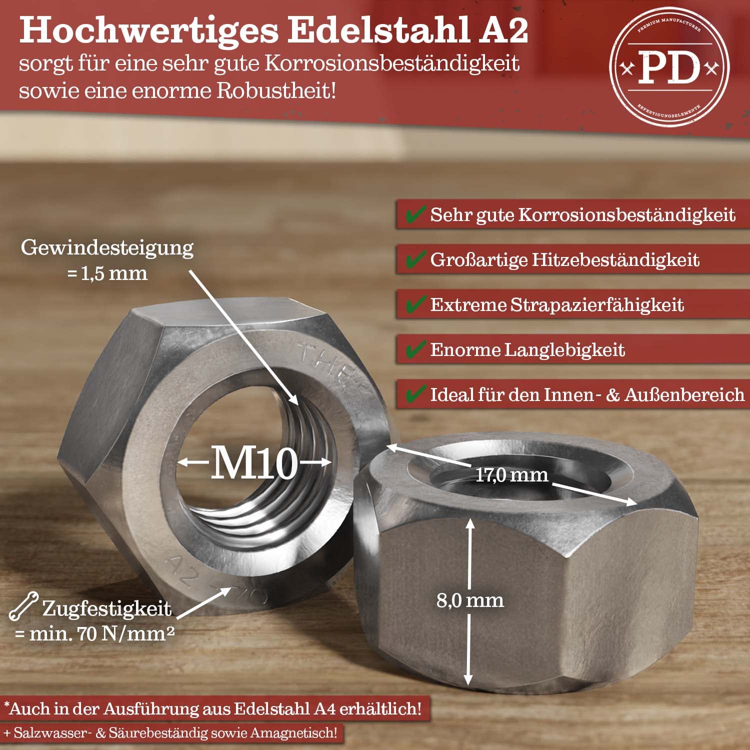PD® Nakrętki M10 (DIN 934 / ISO 4032) | Wysokiej jakości nakrętki sześciokątne ze stali nierdzewnej A2 V2A | Nakrętki sześciokątne Hex Nut do śrub, trzpieni gwintowanych i prętów gwintowanych | 12 sztuk