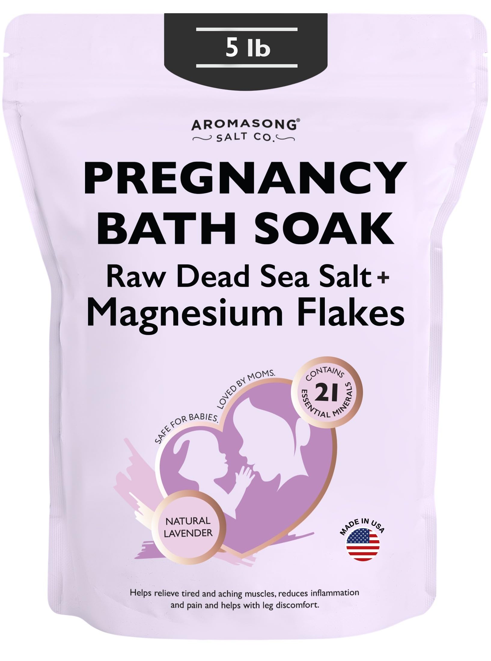 Aromasong Dead Sea Pregnancy Bath Soak 5 LB - Natural Lavender Pure Magnesium Flakes & Minerals - Pregnancy, Postpartum Muscle Ache & Leg Discomfort -