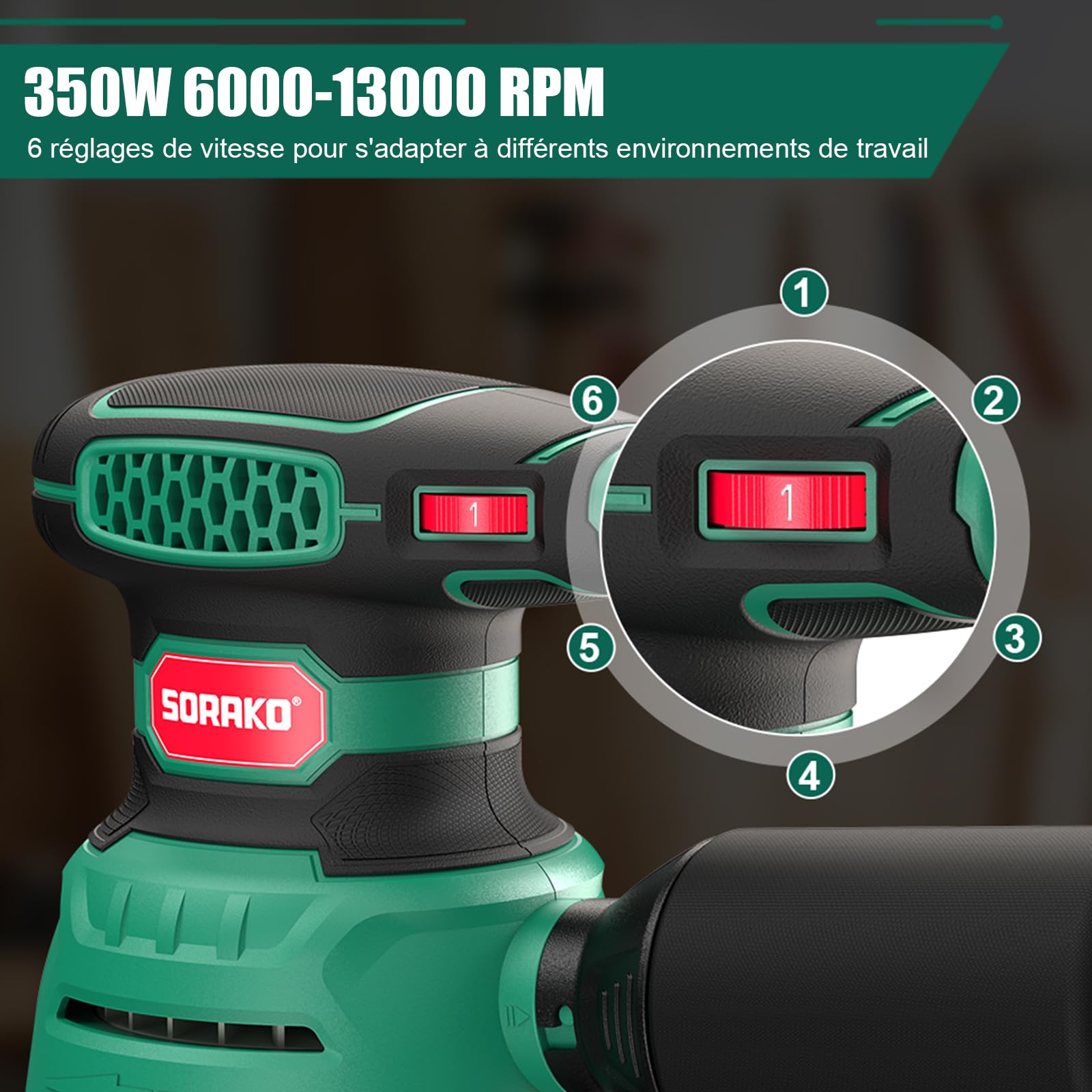 SORAKO Ponceuse excentrique 350W,125 mm,6 vitesses,16 feuilles abrasives,système d'aspiration,fonction frein rapide,Pour le bois et les projets de loisirs créatifs