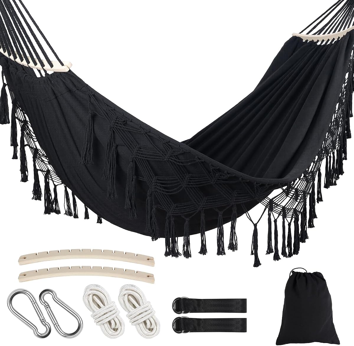 Portable Double Hammock, Hanging Hammock with Tassels and Fishtail Knitting, 550LB Capacity, 320GSM Hanging Bed with Set Full Accessories for Outdoor Camping Patio Balcony Black