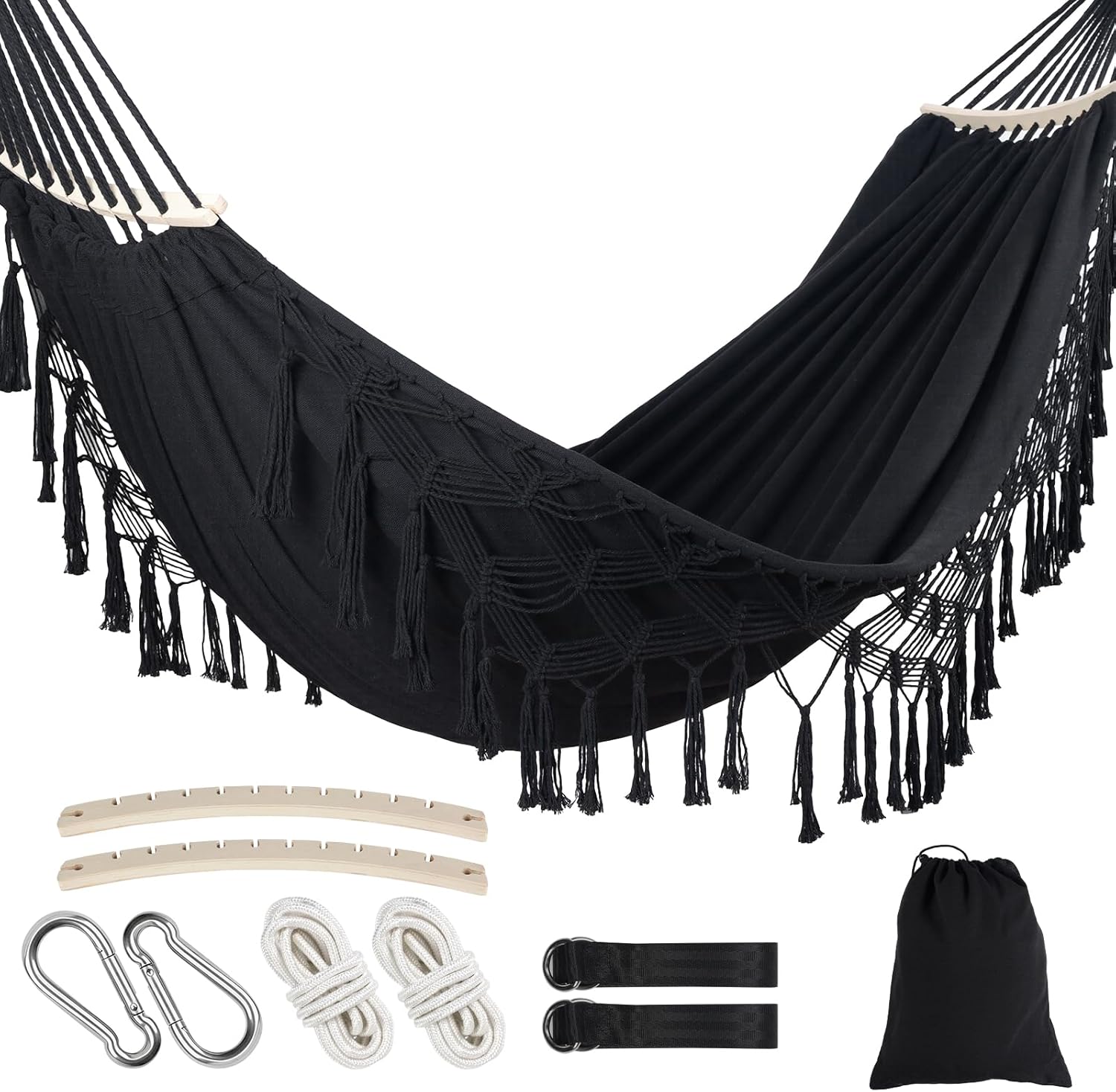 Portable Hammock, Hanging Hammock with Tassels and Fishtail Knitting, 320GSM Hanging Bed with Set Full Accessories for Outdoor Camping Patio Balcony Black