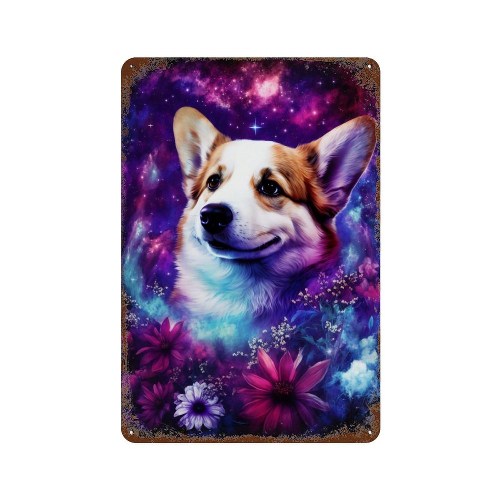 Weathered Tin Sign Cosmic Corgi with Flowers-1 11.8"x7.9", Rustic Home Decor for Basement, Hobby Room And Garage Decor