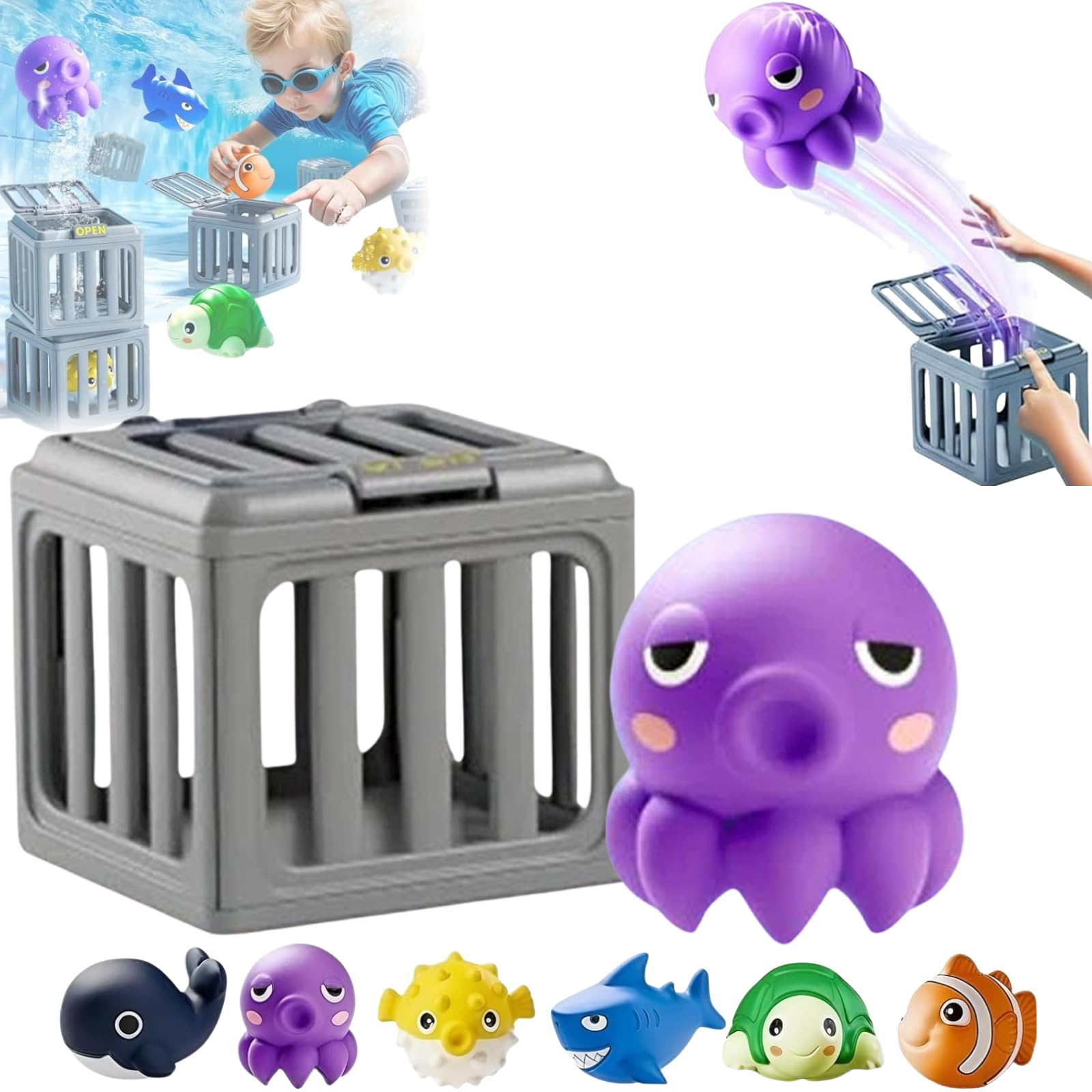 Underwater Dive Toys, Funscape Kids Pool Diving Toys, Pool Diving Treasure Hunt Game, Sinking Pool Swim Toy for Kids, Water Dive Set with Fish Boxs Floating Animals for Boys Girls (Purple)