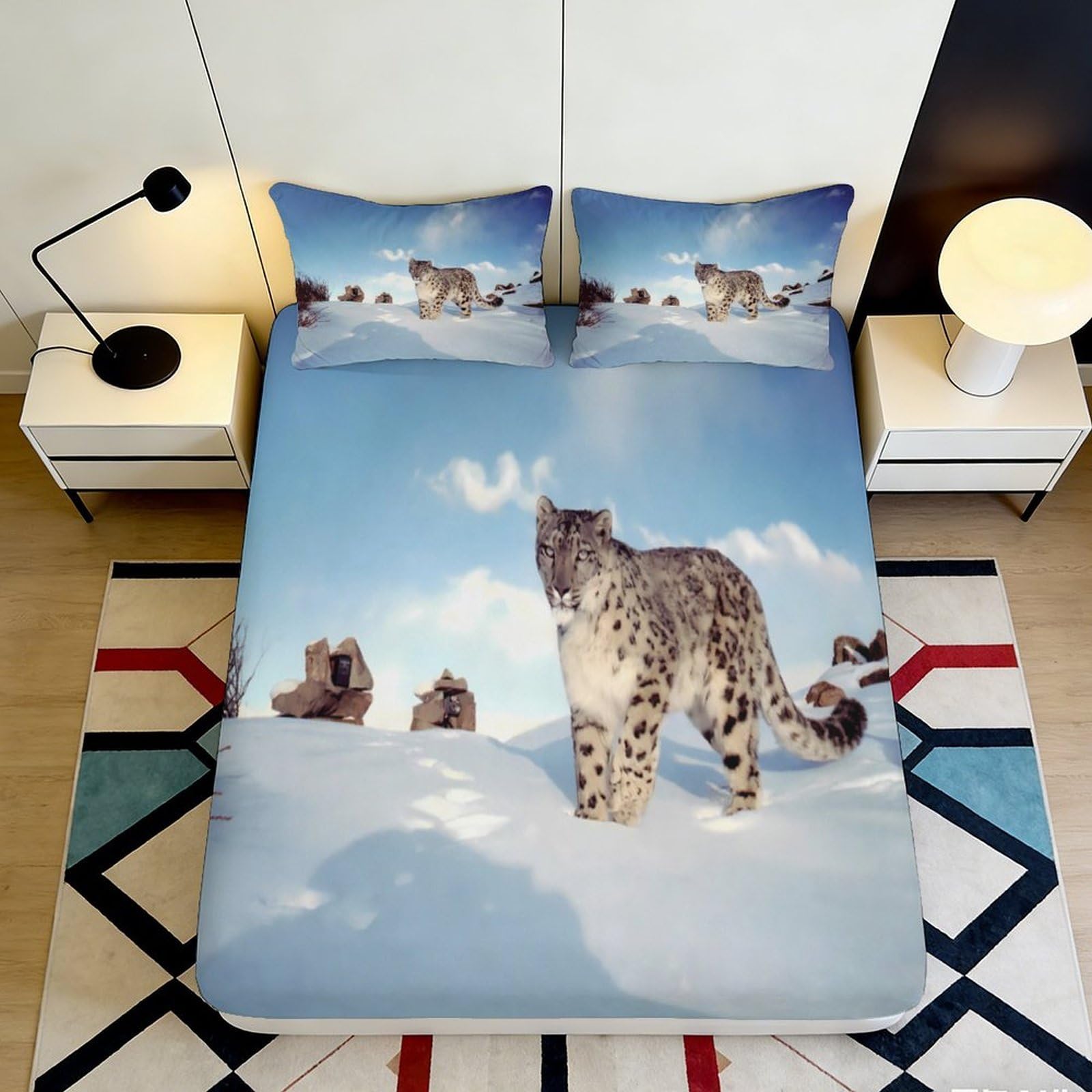 3D Printed Snow Leopard Fitted Sheet Microfiber Soft Breathable Mountain Landscape Bed Cover for Bedroom Dormitory Guest Room Mattress Protection Decor 120x200x25cm
