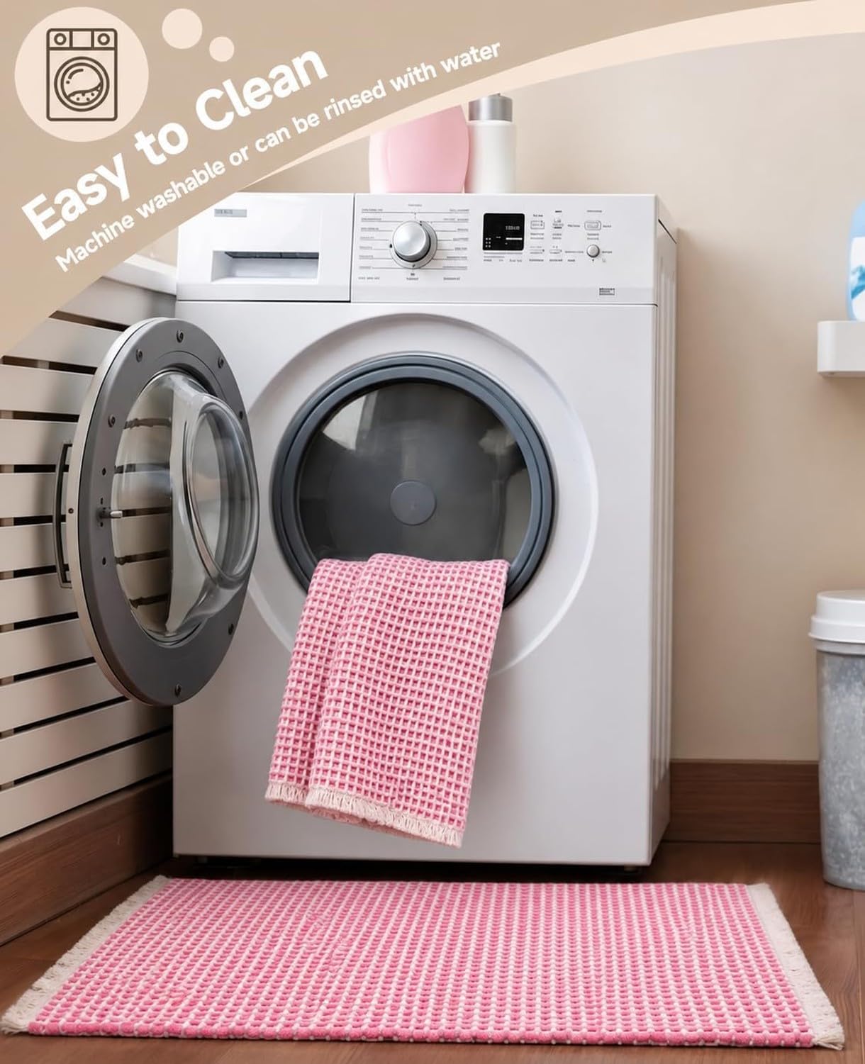 Alfombra de baño gofrada mejorada ultrasuave, súper absorbente y antideslizante con borlas, bordes ribeteados, lavable a máquina, con Base de goma para baño, co, Rosa, 46x76 cm (Rettangolare)