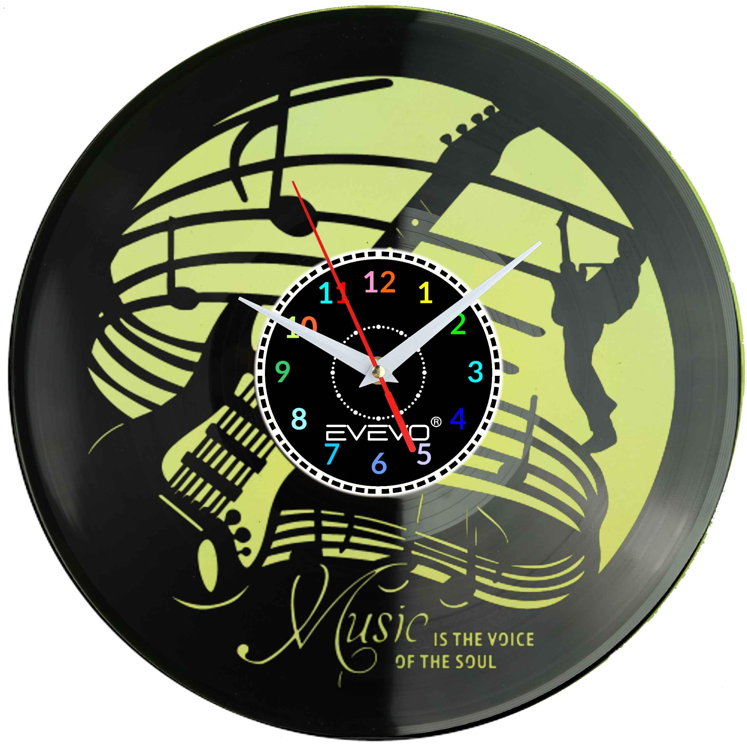 ZEGAR ŚCIENNY ZEGAR DLA MELOMANA JAZZ MUZYKA GITARA FLUORESCENCYJNE TŁO PŁYTA WINYLOWA PREZENT UPOMINEK URODZINY EVEVO F0047