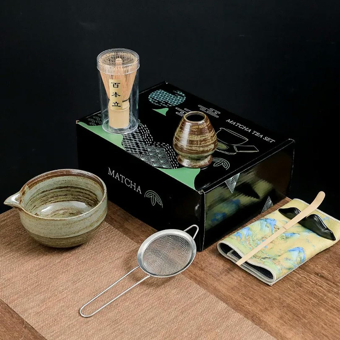 QQLADY Juego de té japonés Matcha, 7 Uds., Cepillo para té, tazón de té de cerámica, Herramientas de té Hechas a Mano Tradicionales Chinas