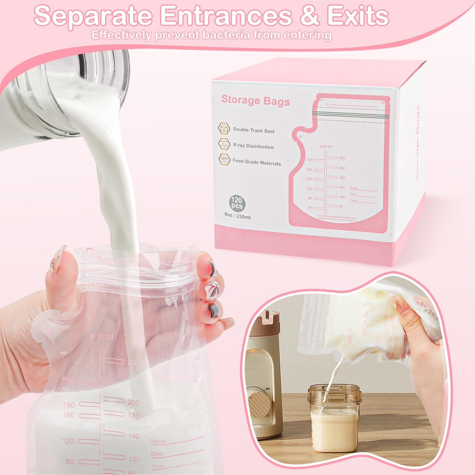 120 Pièces Sachets Conservation Lait Maternel 250ml Sac Congélation Lait Maternel Double Fermeture Étanche Sac Lait Maternel Congelation Matériau Alimentaire Sans BPA
