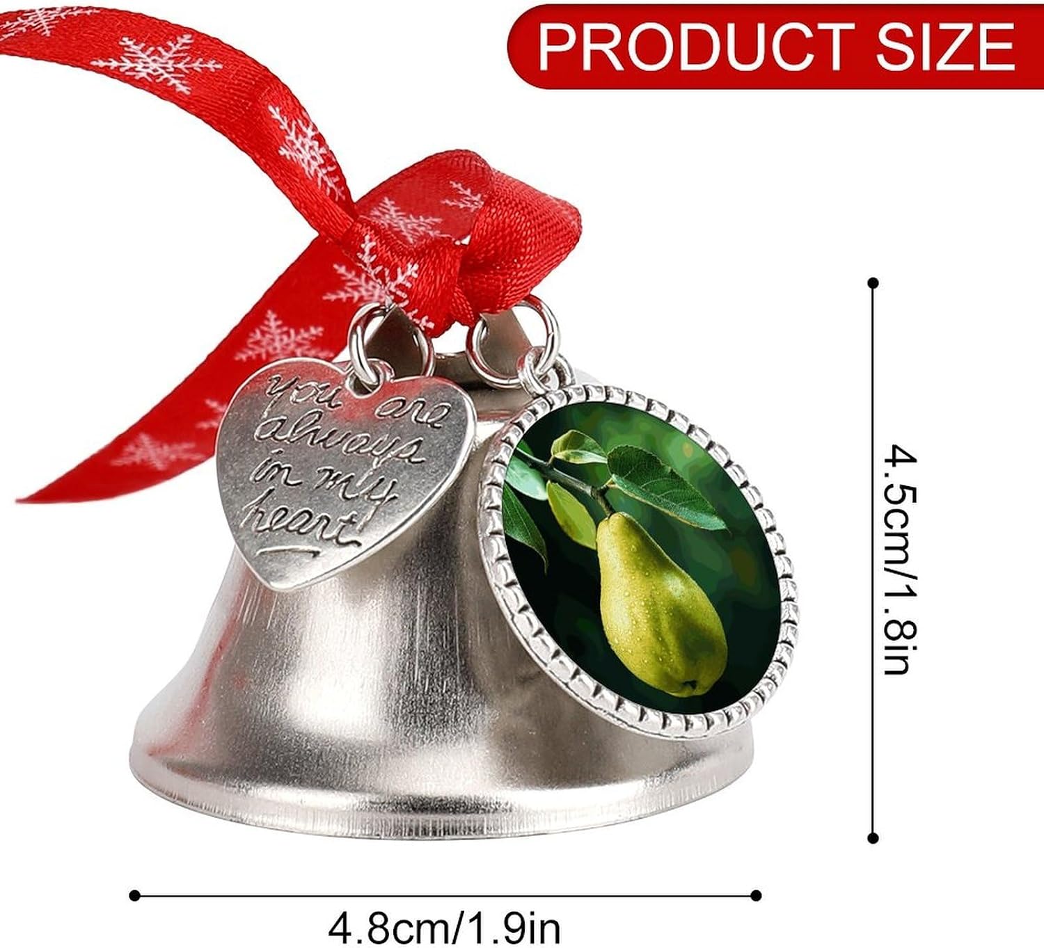 Pears on The Tree Christmas Bells Ornaments with Wings & Heart Silver Bell Pendant for Christmas Tree Home Door Mantle Fireplace Decoration