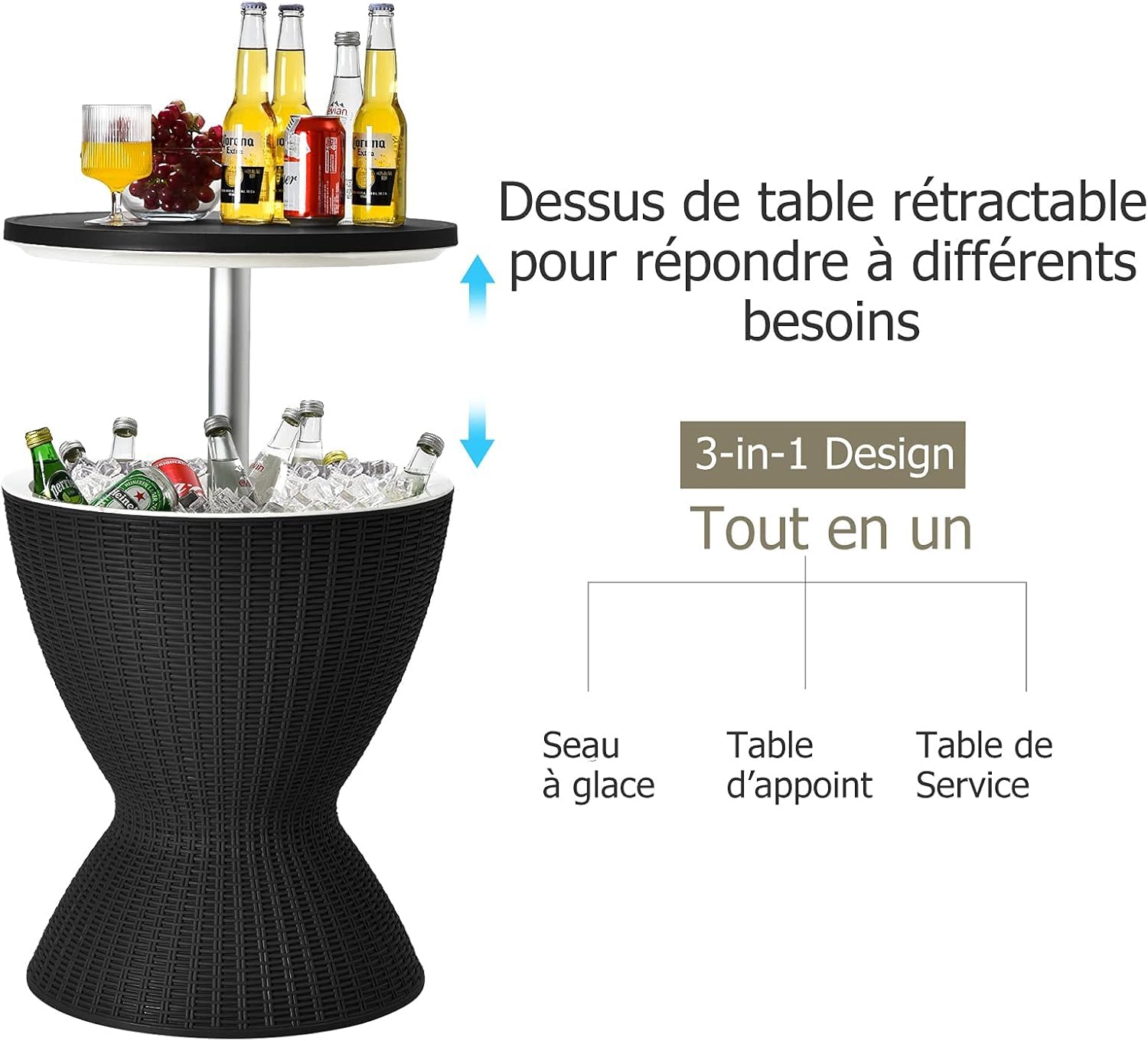 GYMAX Table Glacière 2-en-1, Seau à Glace 30L avec Table Élévatrice, Table Basse Extérieur Jardin Piscine Terrasse Noir