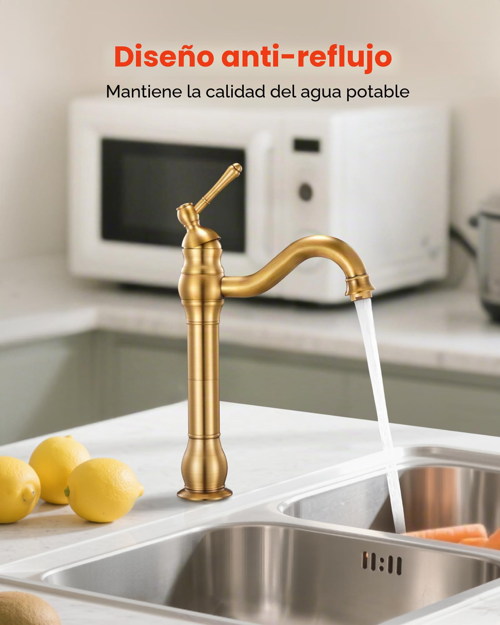 VEVOR Grifo Monomando para Lavabo con Botón Pulsador, Grifo para Fregadero de Cocina, Mezclador Monomando para Baño, Fregadero de Caravana, Carcasa de Latón, Dorado Antiguo, 395 x 220 x 62 mm