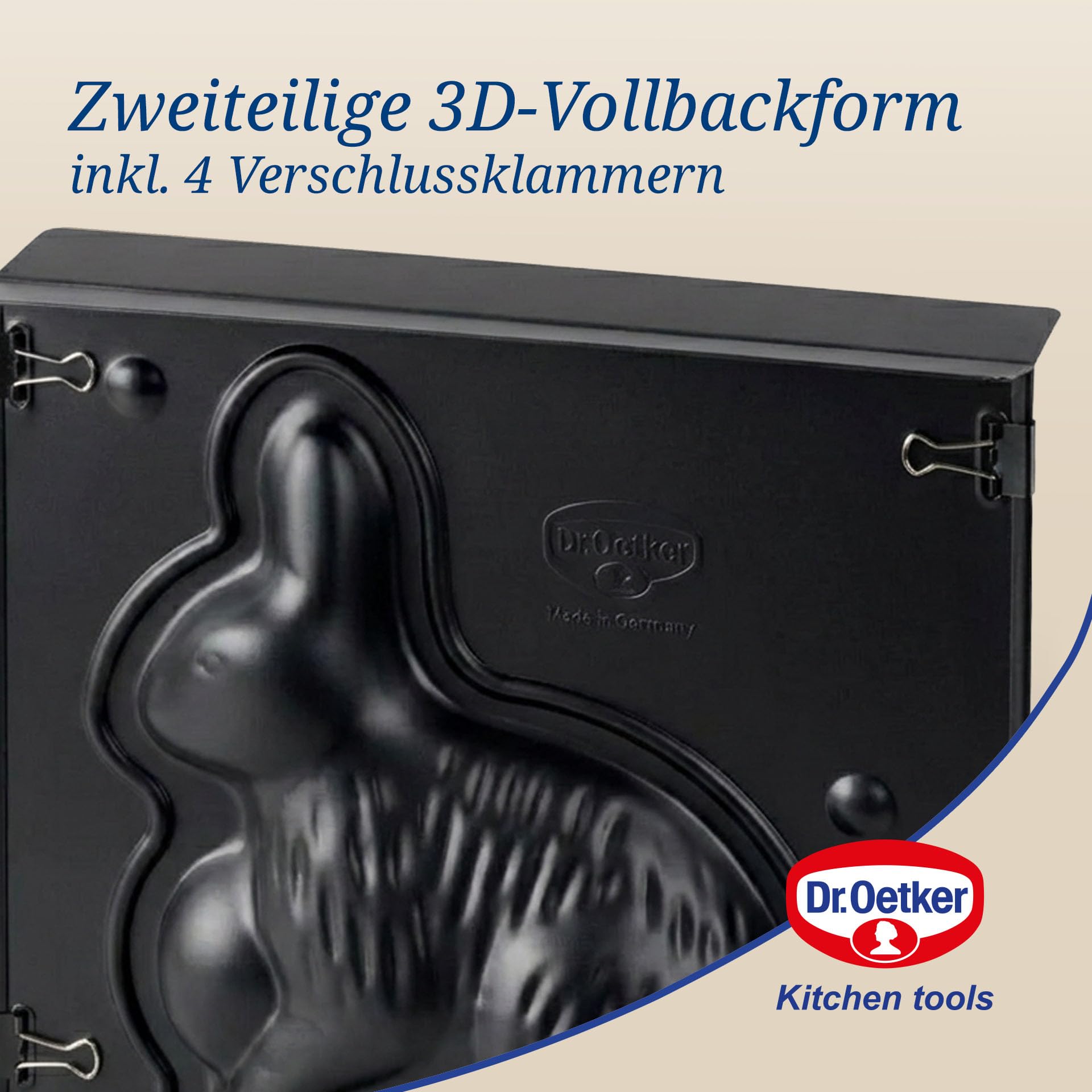 Dr. Oetker Vollbackform Hase – 3D Hasenbackform aus Stahlblech mit Antihaftbeschichtung, inkl. Verschlussklammern, Hitzebeständigkeit: +230 °C, Reinigung per Hand, Made in Germany Hase 600ml - 3