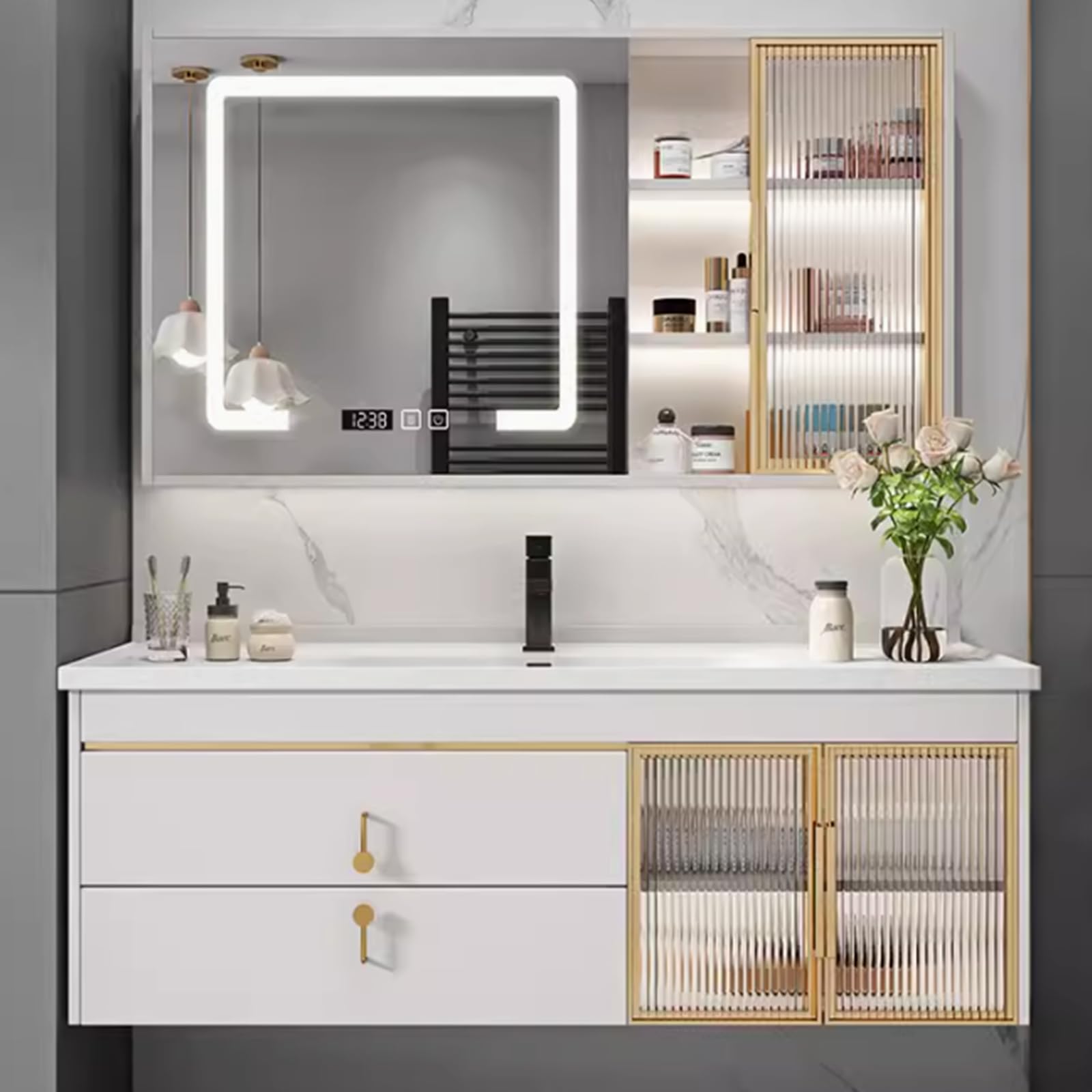 91,4 cm schwimmender Badezimmer-Waschtisch mit Waschbecken, Smart LED Defog Spiegel, Ambient Light Strip, mehrschichtiges Massivholz, modernes weißes Design, stilvolle Aufbewahrungslösung für Zuhause
